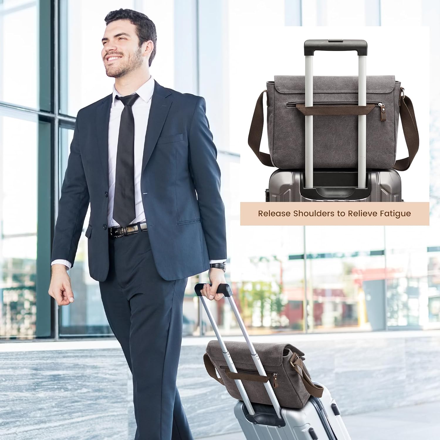 Detalle de S-ZONE canvas messenger bag for men with pockets and water-resistant finish