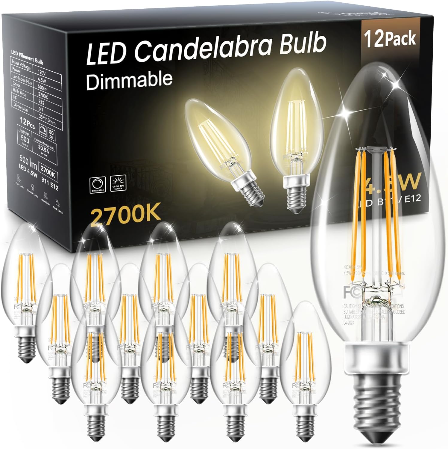 Detalle de TJOY B11 E12 LED Candelabra Bulbs, Dimmable 2700K, 12-Pack