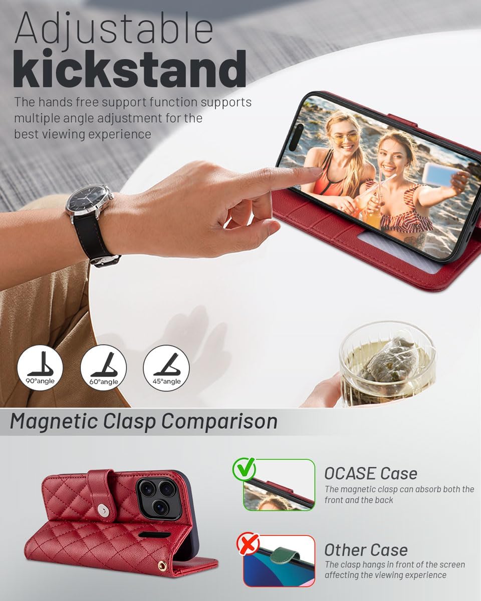 Thumbnail 3 de OCASE Hülle für iPhone 17 Pro Max 5G – Lederhülle mit Kartenfach, Magnet, RFID-Blocker und Standfunktion (Argyle-Rot)