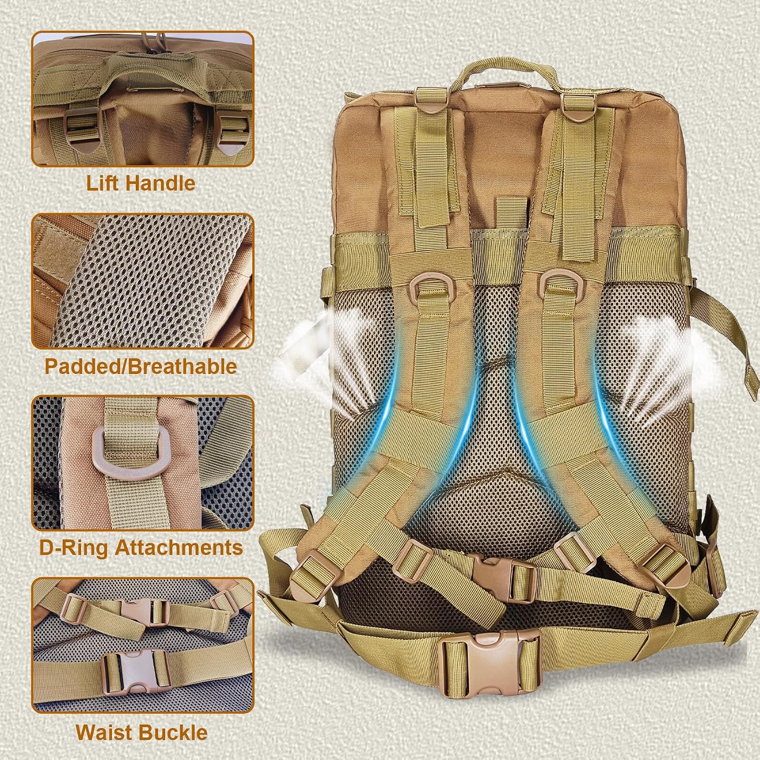 Detalle de Militär Rucksack Herren 45L – Groß, wasserdicht, vielseitig einsetzbar