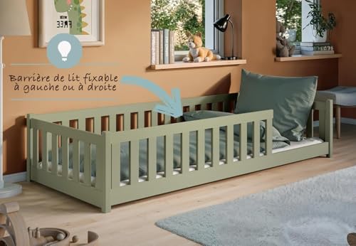 Thumbnail 1 de Lit au Sol 90 x 190 cm Kids Collective – Vert Olive, bois pin massif, protection anti-chute et sommier à lattes