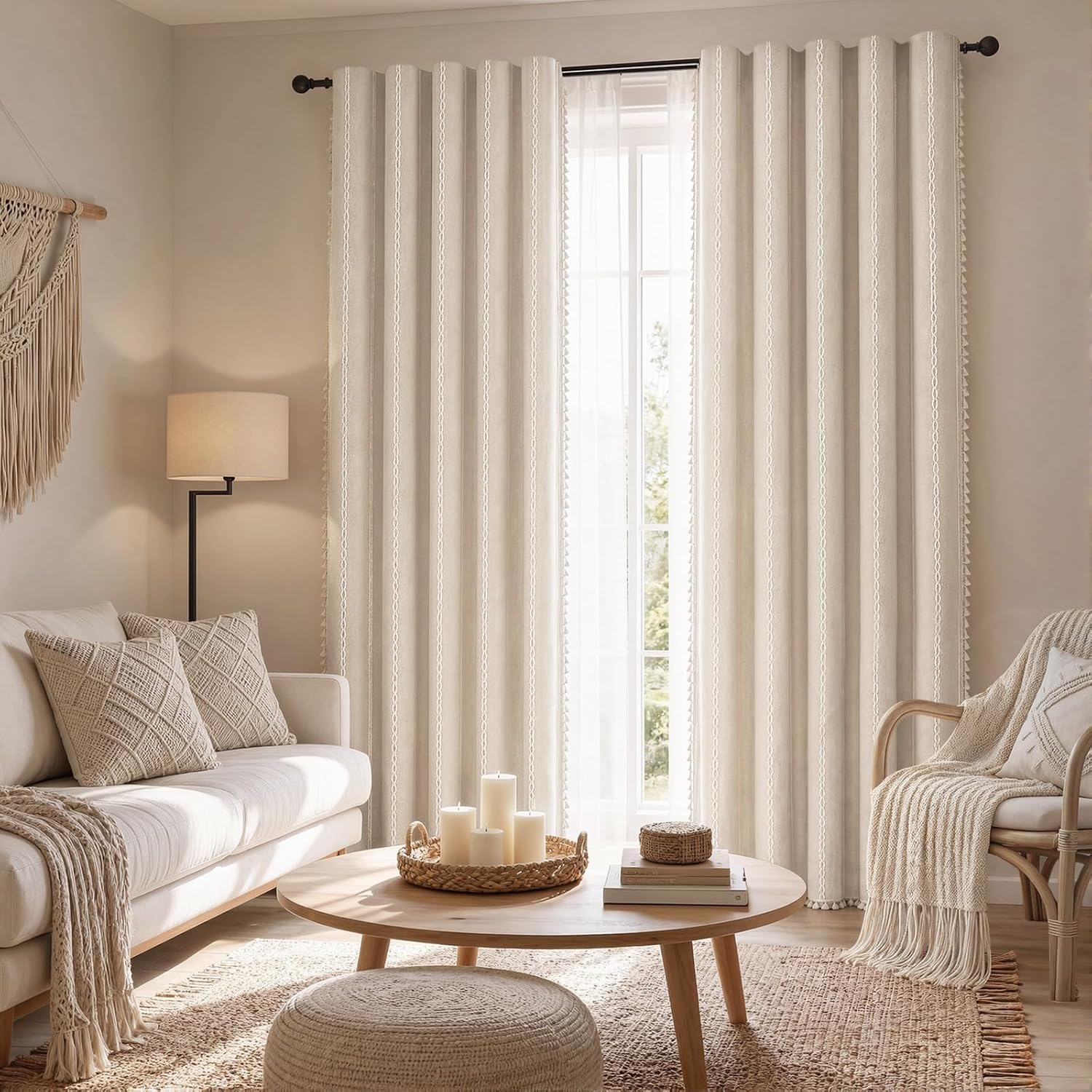 Detalle 2 de XOGUIBO Boho Blackout Curtains (2 Panels, 84 Inch) Beige Linen Texture with Tassels