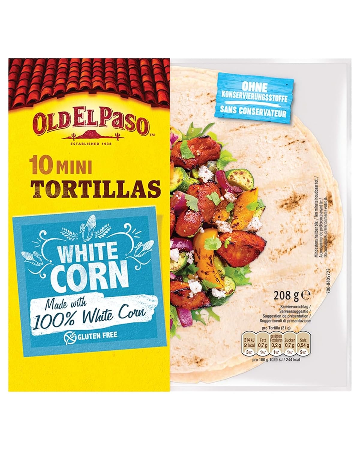 Detalle de Old El Paso Street Market Tortillas (glutenfrei) – mexikanische Wraps aus weißem Mais, 3er-Pack mit 208 g