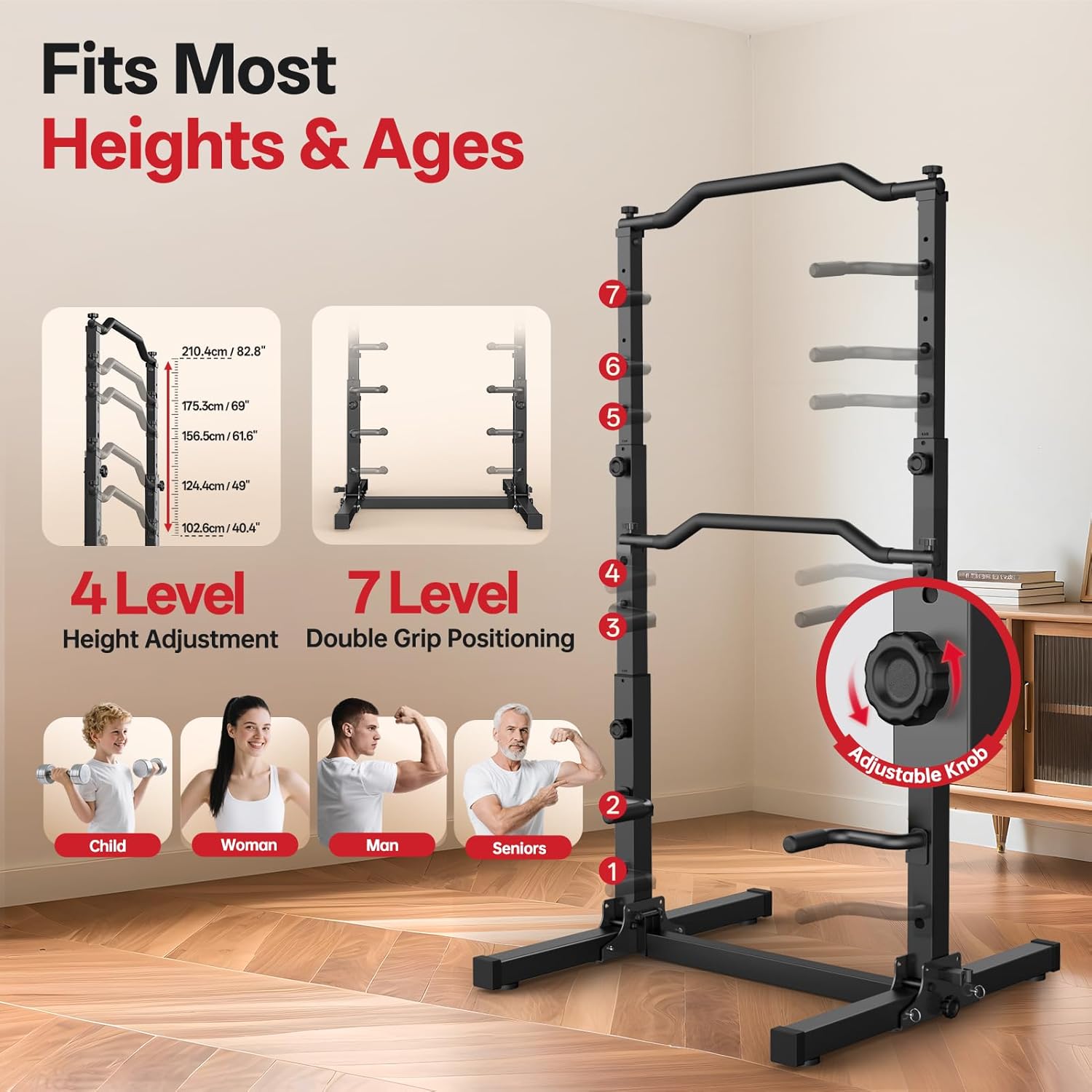 Detalle 2 de JOROTO Foldable Power Tower Pull Up Bar Station – Height Adjustable 5-in-1 Dip Workout Stand (172kg capacity)