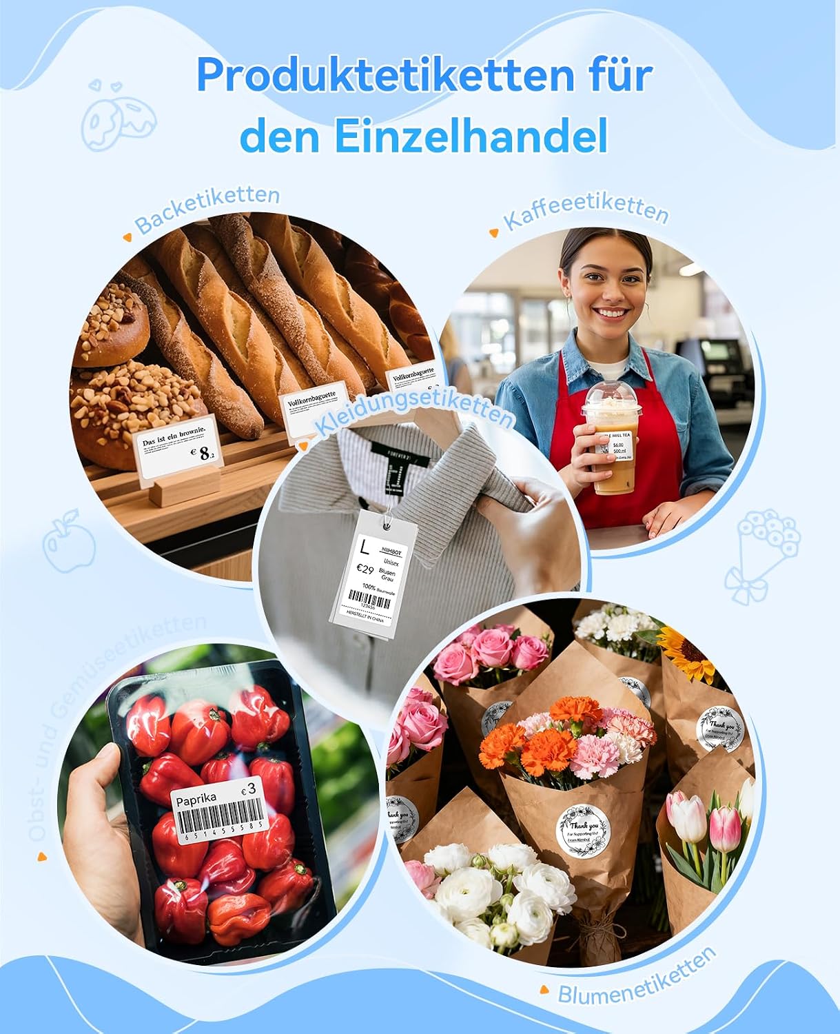 Detalle de NIIMBOT B1 Etikettendrucker mit Bluetooth und 3 Rollen wasserfesten Etiketten (silber)