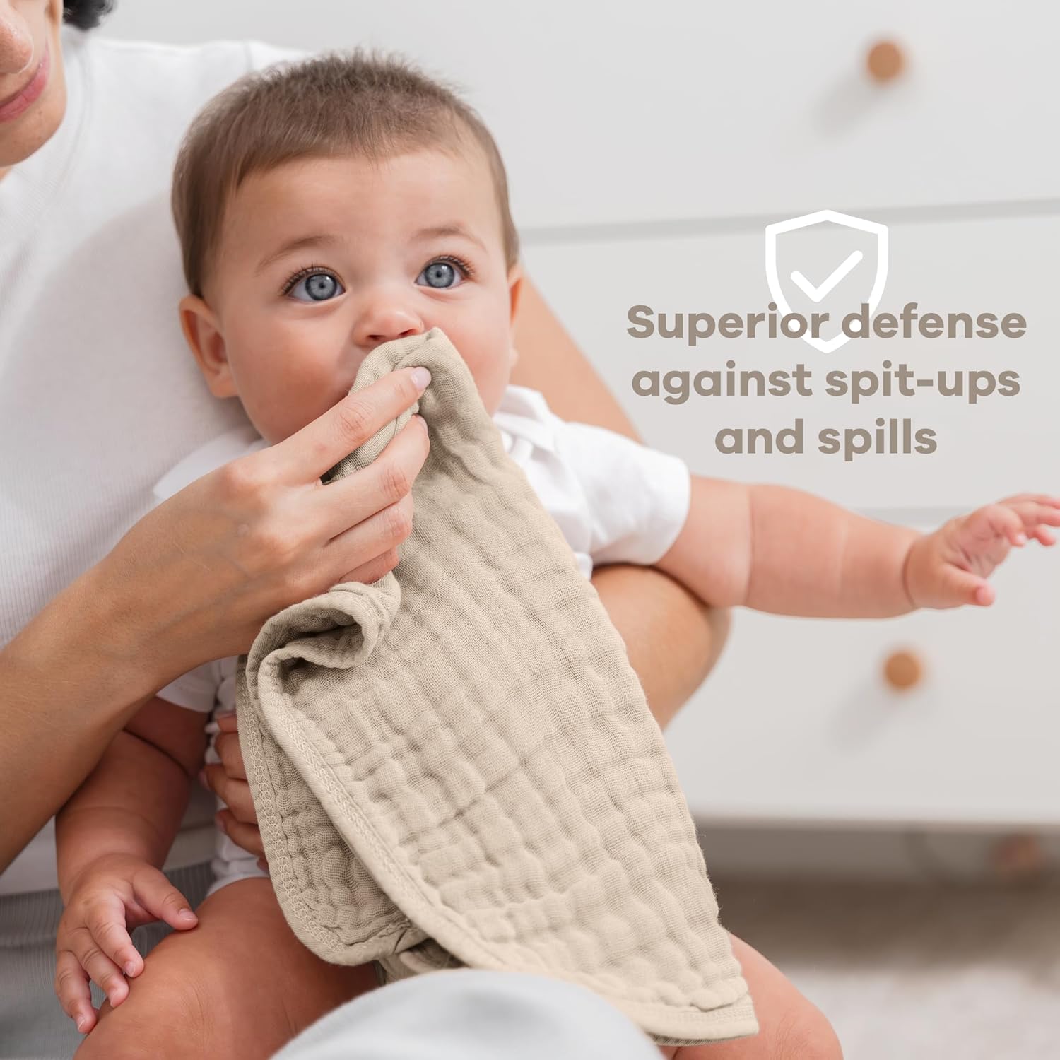 Detalle 2 de Comfy Cubs Muslin Burp Cloths 20" x 10" (6-Layer) — Ultra Absorbent 100% Cotton, Pack of 10, Sand