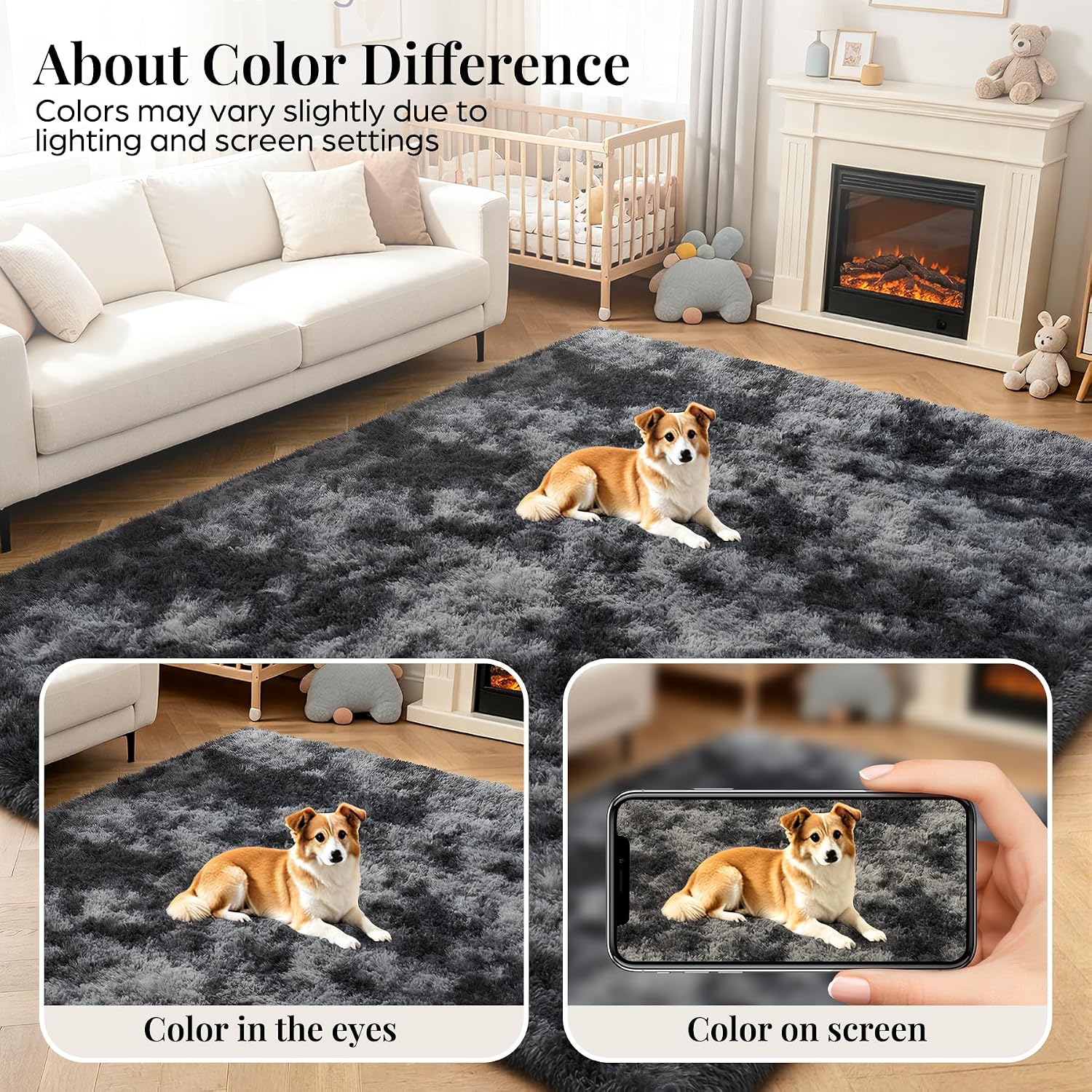 Thumbnail 6 de 8x10 Fluffy Shag Area Rug for Living Room & Bedroom – Black/Gray, Non-Slip, High-Pile Plush