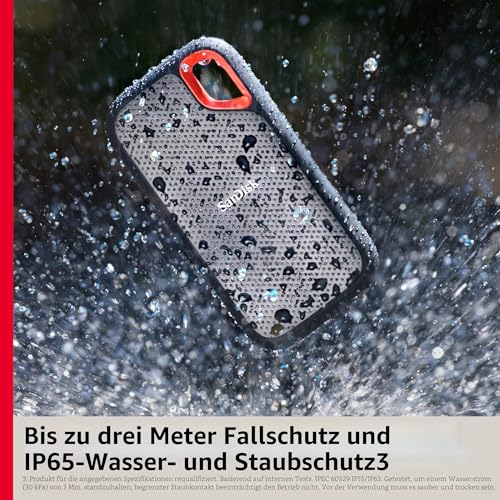 Detalle de SANDISK Extreme Portable SSD 1 TB – kompakte NVMe-Performance mit IP65-Schutz