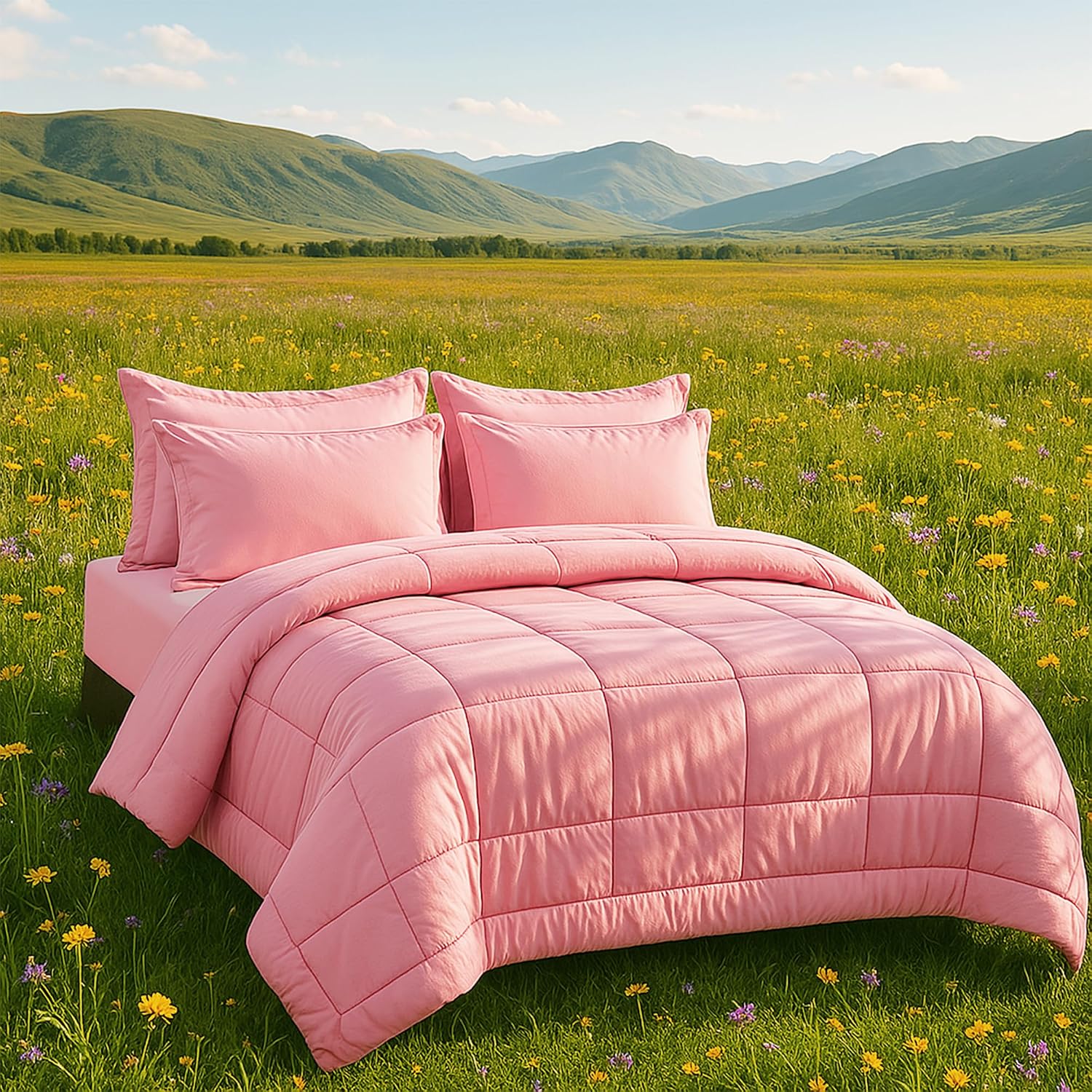 Detalle de DOWNCOOL 1 Queen Comforter Set, 7-Piece Pink Microfiber Bedding