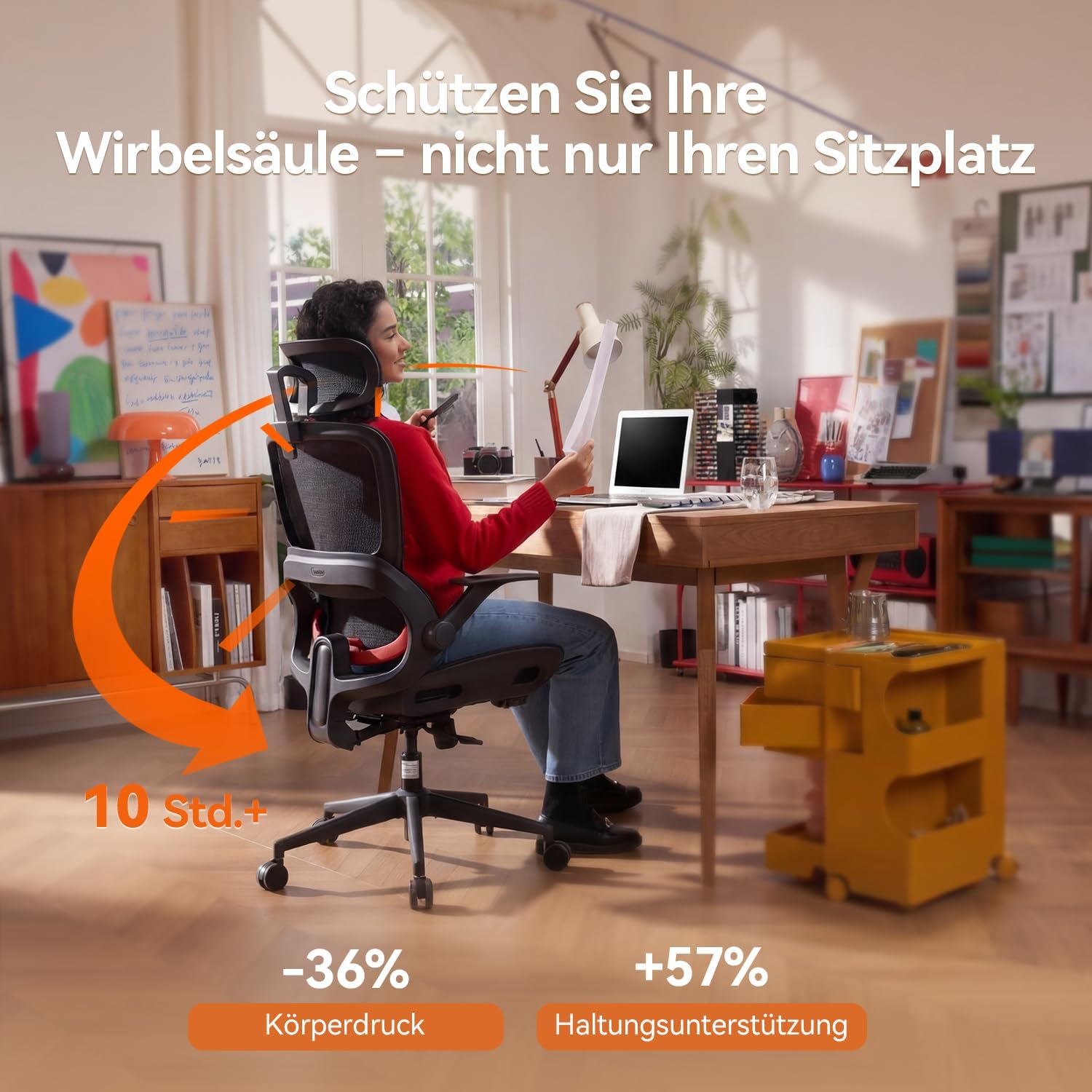 Detalle de SIHOO B100 Ergonomischer Bürostuhl – dynamische Lendenstütze, breite Kopfstütze und klappbare Armlehnen