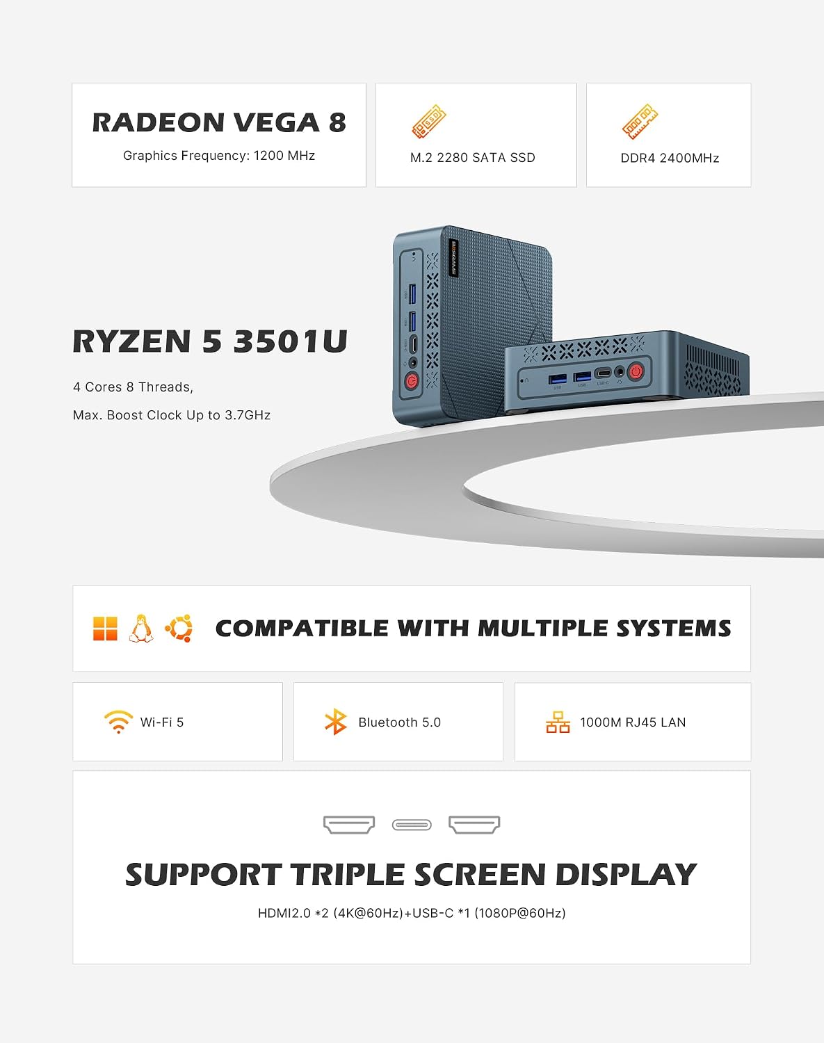 Detalle 2 de BOSGAME E2 Mini PC (Ryzen 5 3550H, 16GB RAM, 512GB NVMe) for Triple-Display Work and Home Use