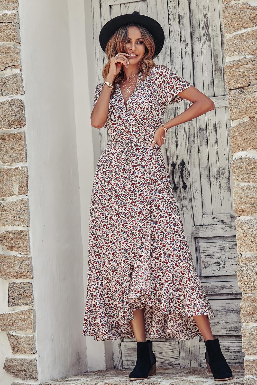 Detalle 2 de PRETTYGARDEN Women's Boho Floral Maxi Dress, Wrap V-Neck and Ruffle Hem