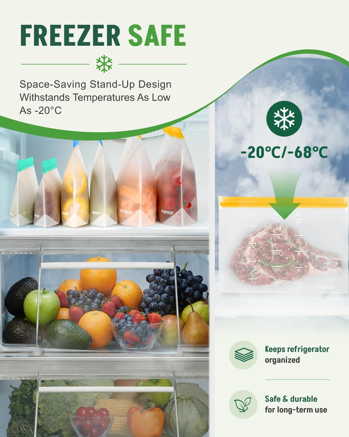 Detalle de IDEATECH 24 Stück Gefrierbeutel Wiederverschließbar – BPA-frei PEVA Beutel mit Standboden, in 3,0 L / 2,5 L / 1,25 L / 0,625 L