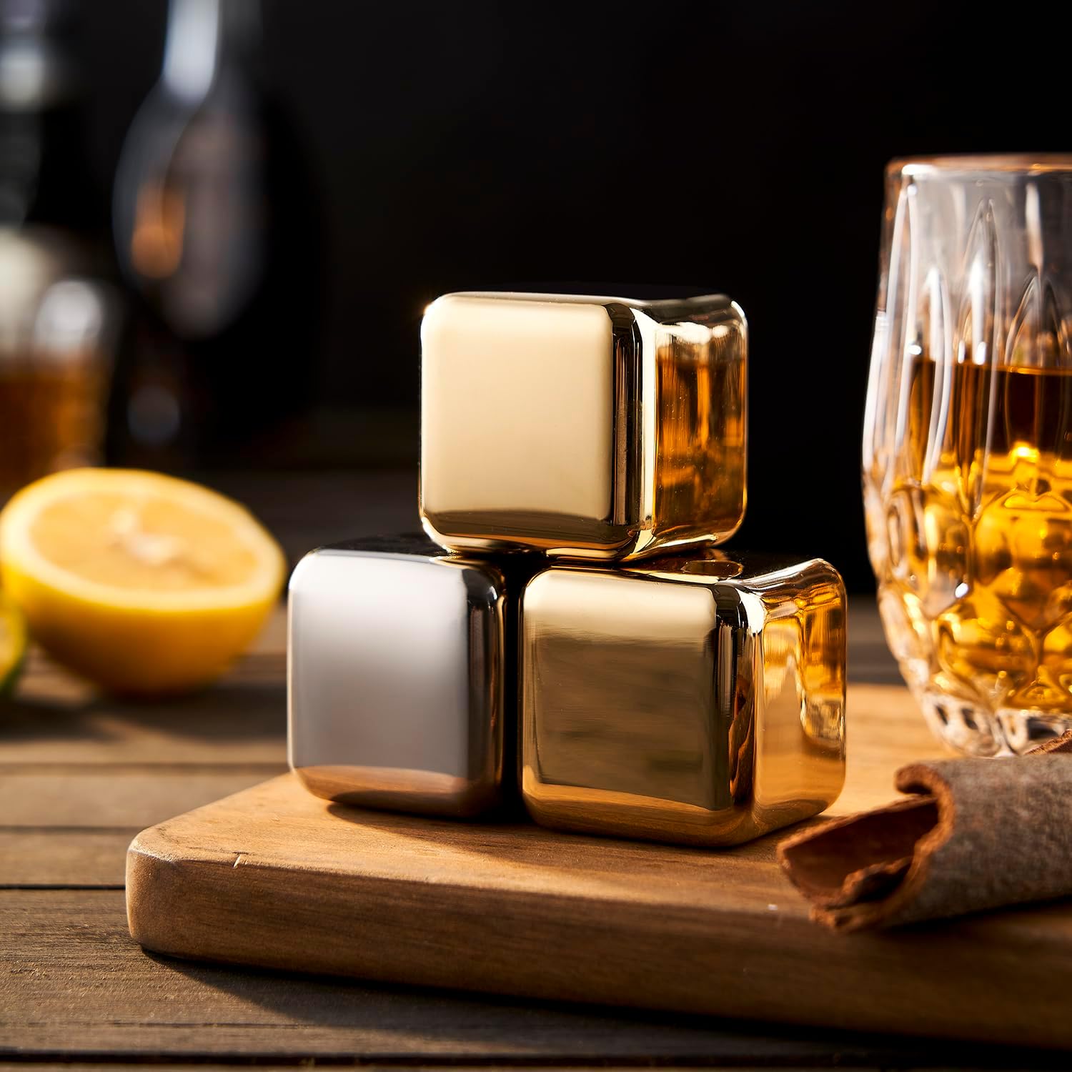 Thumbnail 5 de Whisky Steine (Edelstahl) Steine – Wiederverwendbare 4 große Eiswürfel, 64 cm³ – Golden Geschenkset
