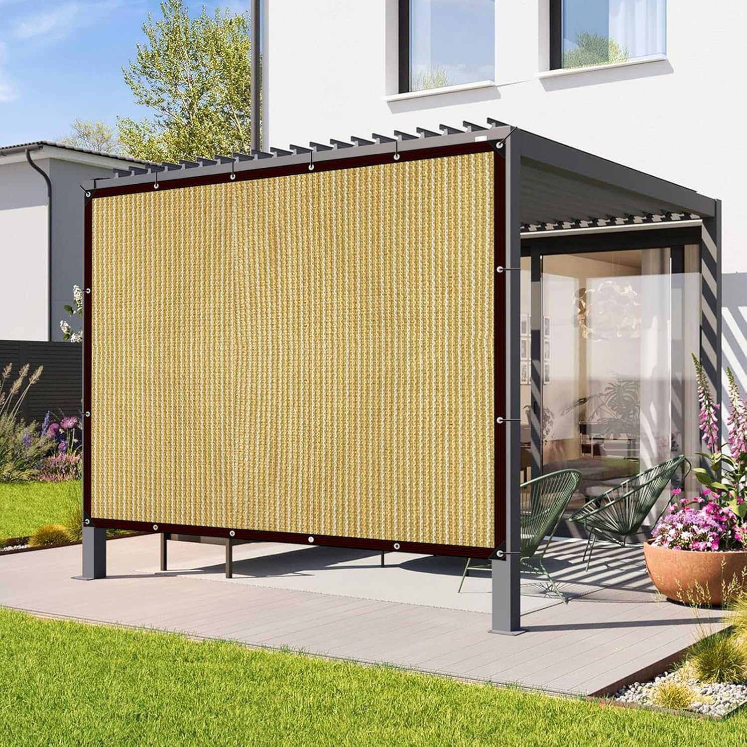 Thumbnail 2 de QOFLY Schattiernetz Schattierungsnetz Garten 3x3 m Beige mit Ösen (85–90% UV-beständig)