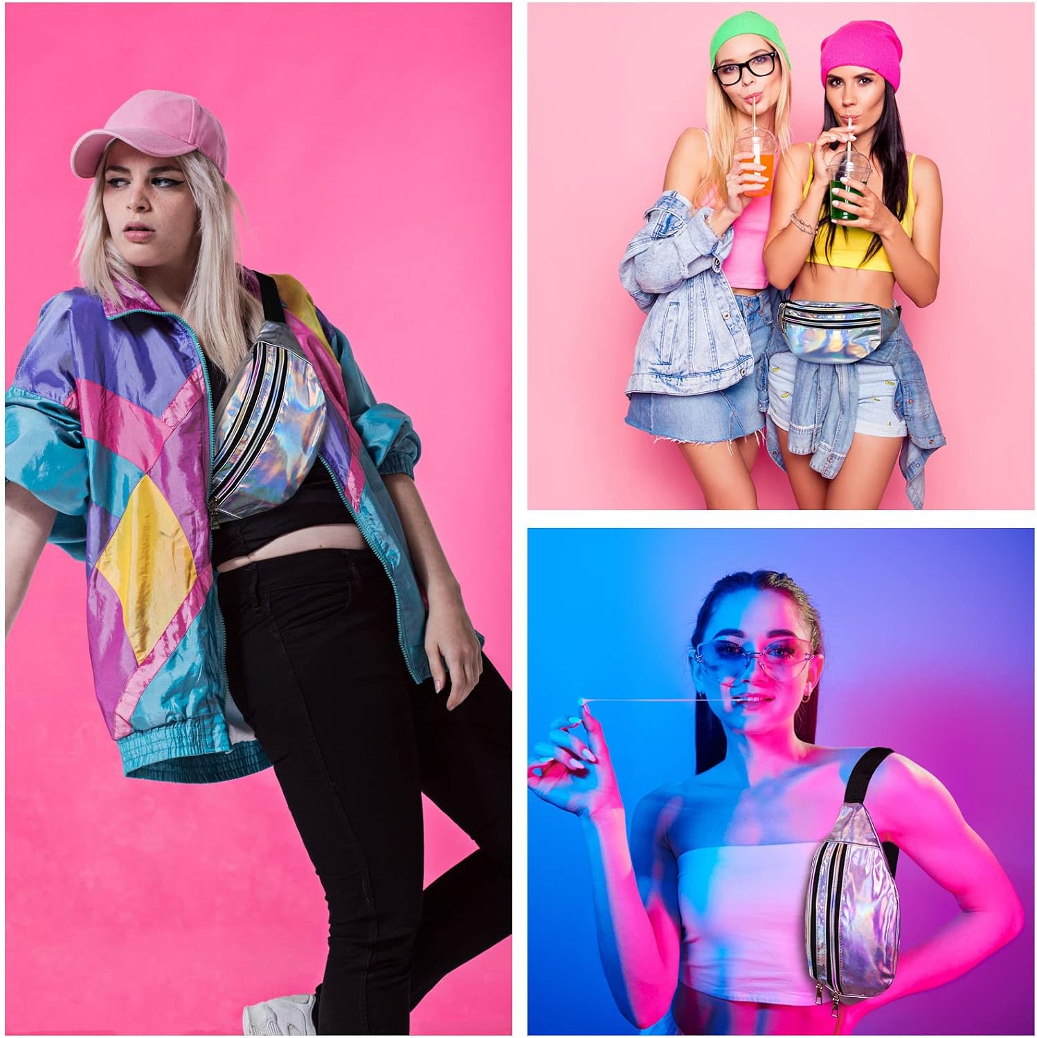 Thumbnail 6 de flintronic® Sac banane holographique imperméable en cuir PU, multi-poches et ajustable