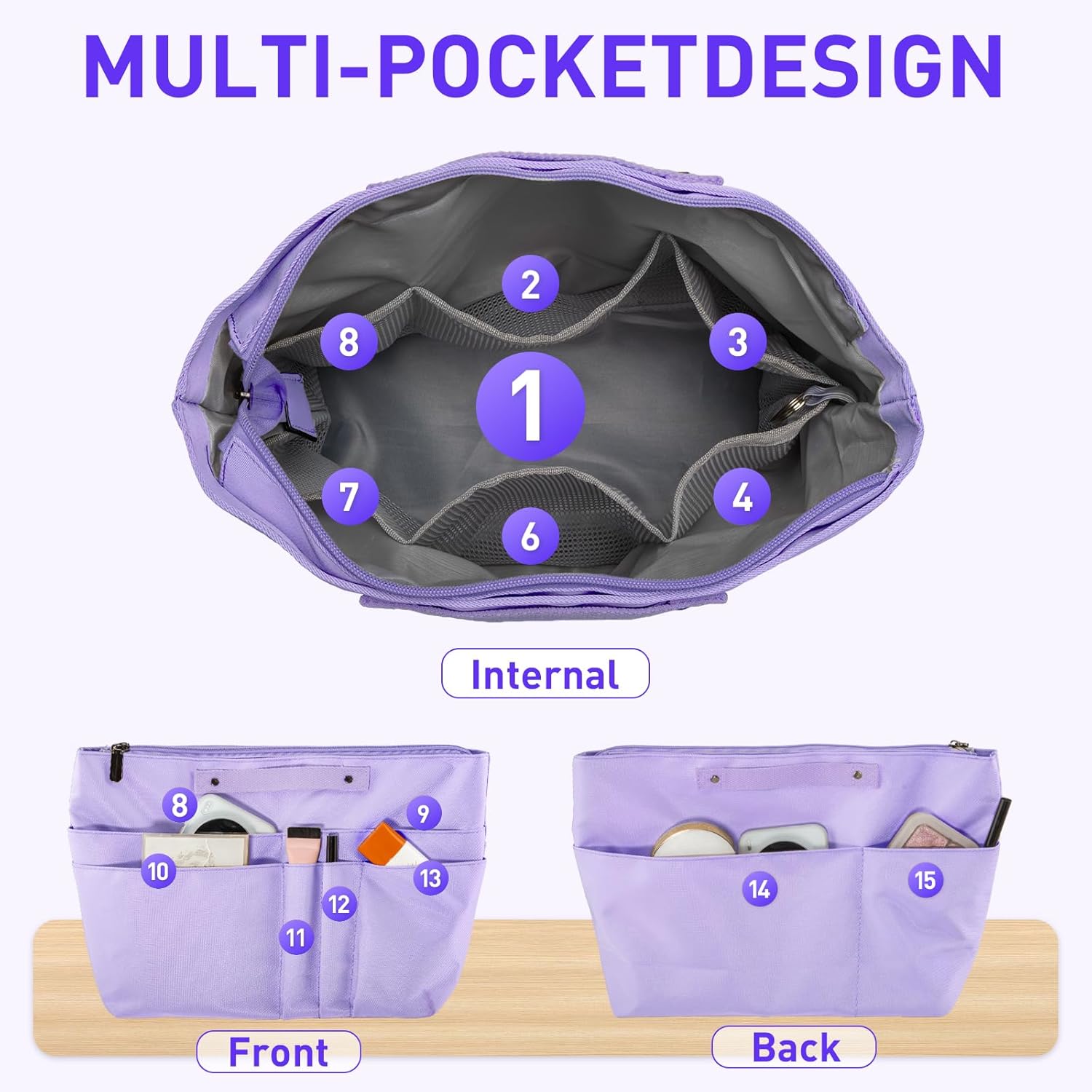 Detalle de HYEPNED Bag Organiser for Longchamp Le Pliage Large – 15-Pocket Insert (Purple, Large)