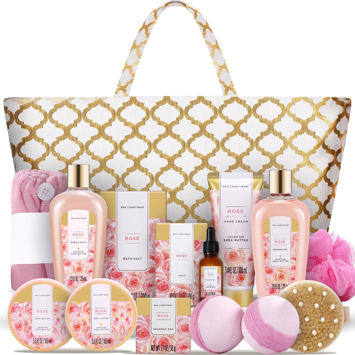 Detalle de Spa Luxetique Rose Bath Gift Set, 15-Piece Home Spa Kit with Tote
