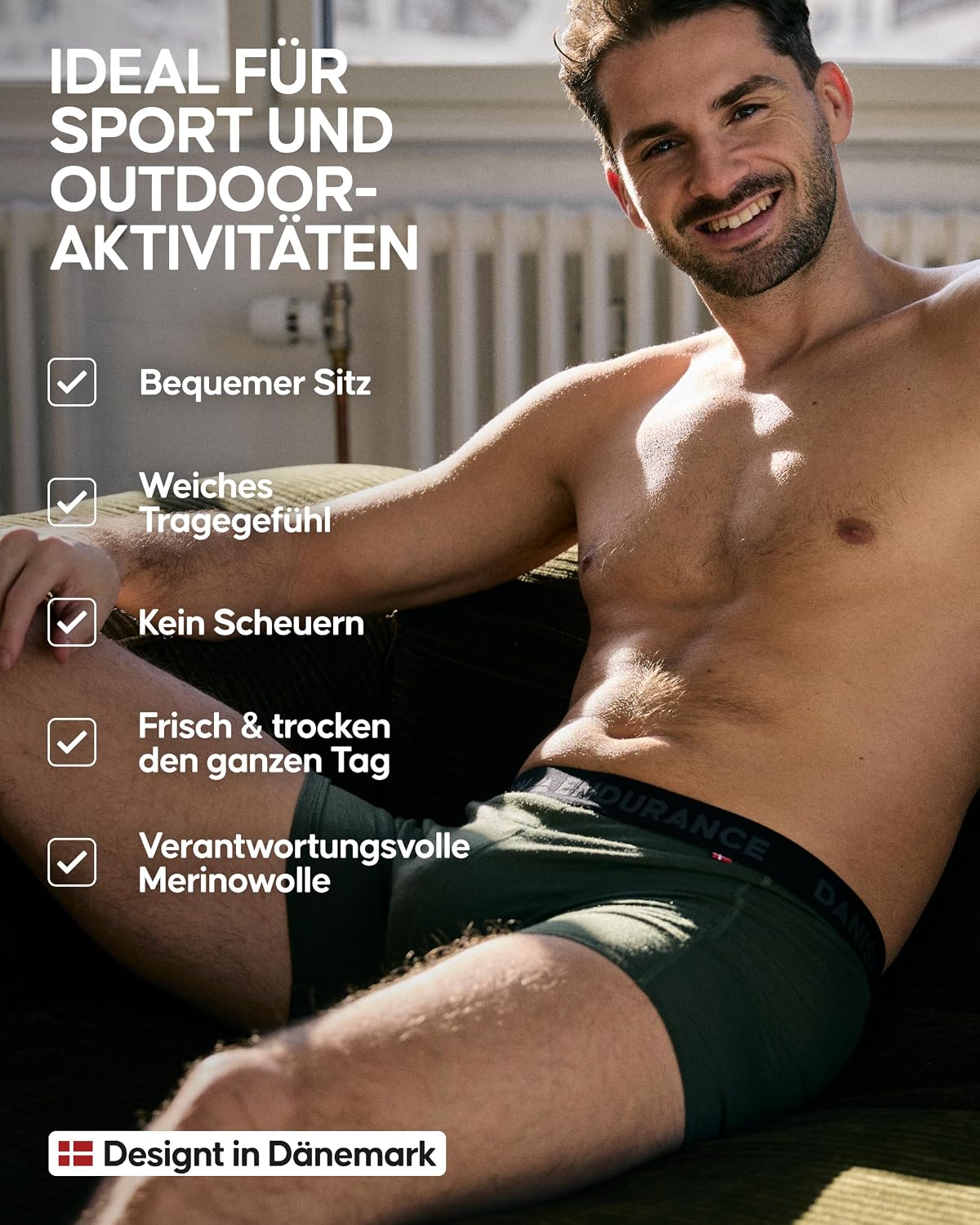 Detalle de DANISH ENDURANCE Merino Boxershorts Herren (2er Pack) – Geruchsneutral, schweißableitend & atmungsaktiv