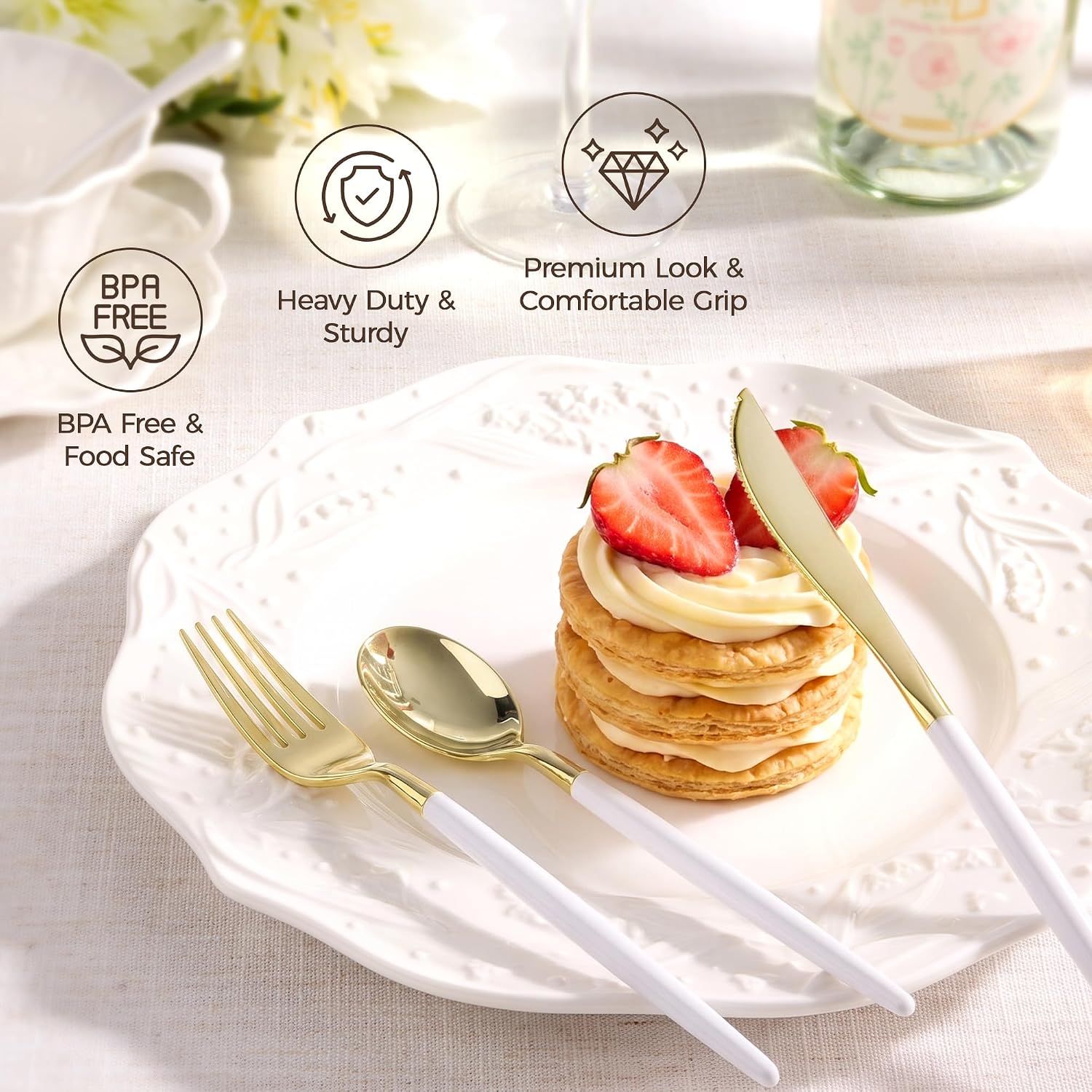 Detalle 2 de Goodluck LJDCS-90/150 Plastic Cutlery Set, 150 Pieces in White and Gold