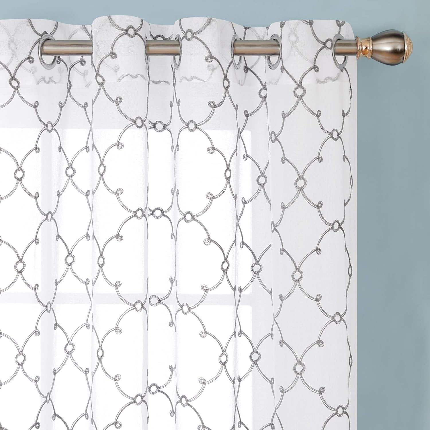 Thumbnail 1 de Deconovo Eyelet Faux Linen Net Curtains Embroidery Diamond Voile Curtains 55 x 54 Drop Grey – 1 Pair