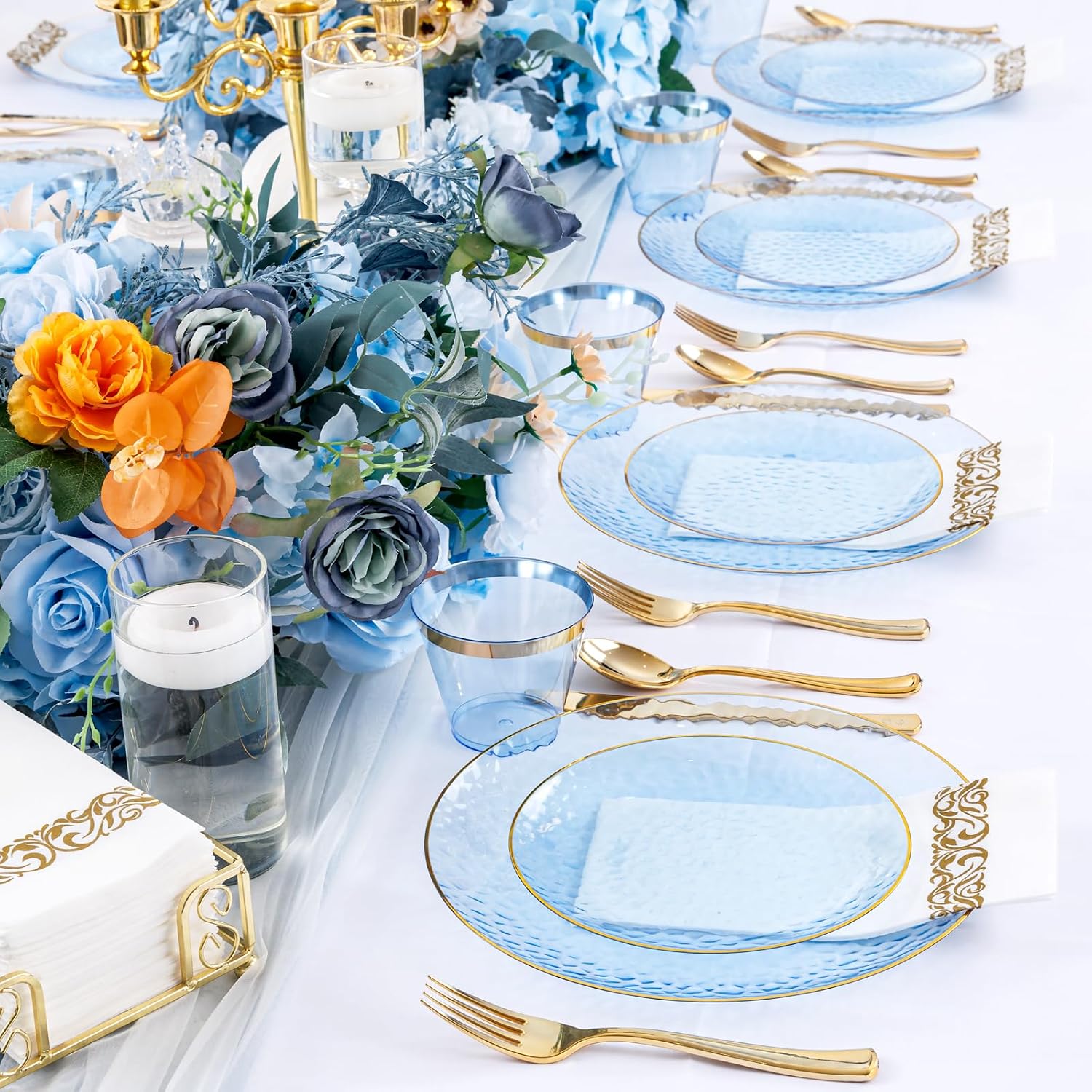 Thumbnail 3 de DaYammi 350PCS Clear Blue Gold Plastic Dinnerware Set for 50 Guests