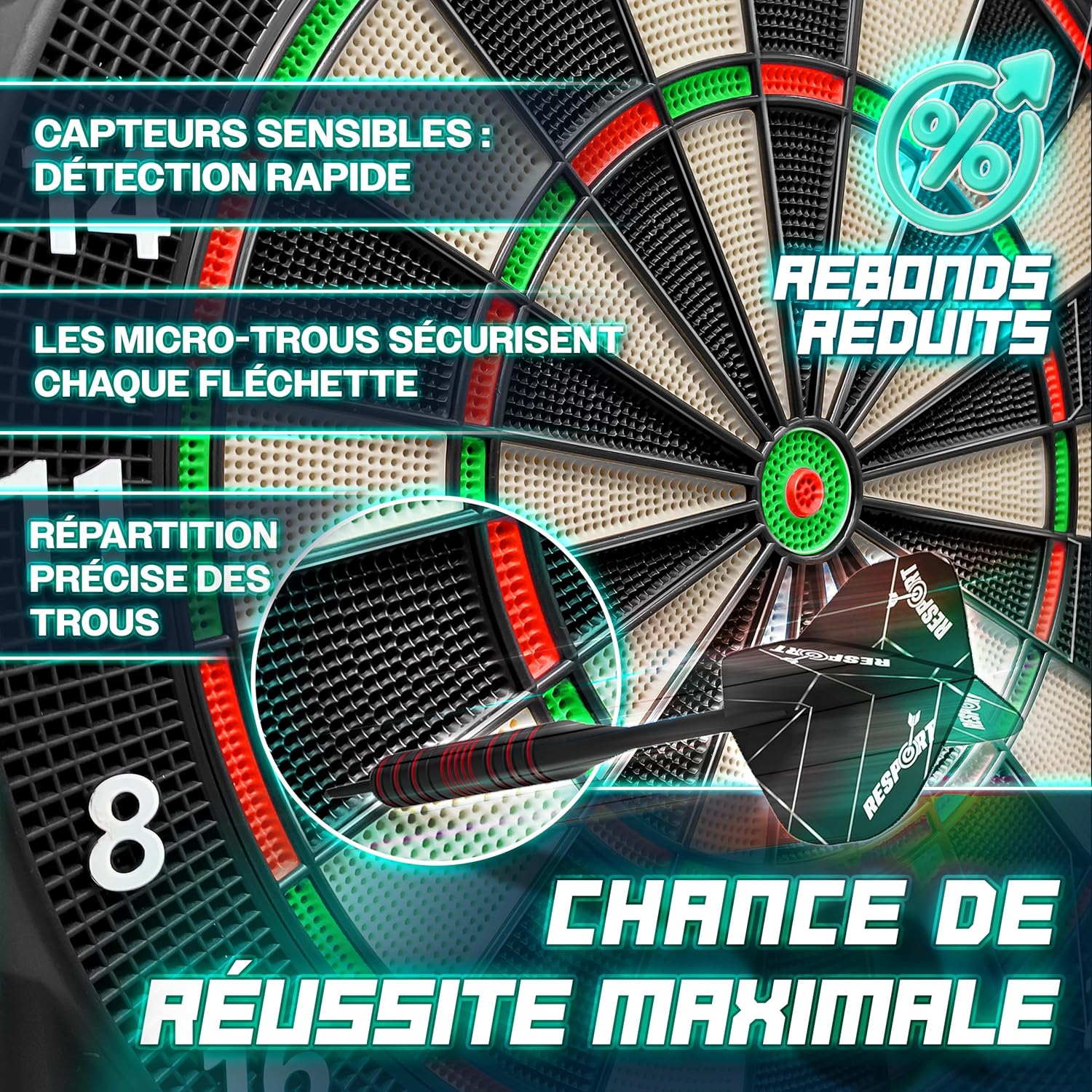 Thumbnail 1 de RE:SPORT Cible de fléchettes électronique professionnelle avec 12 flèches et accessoires — 1 à 8 joueurs, 427 variantes