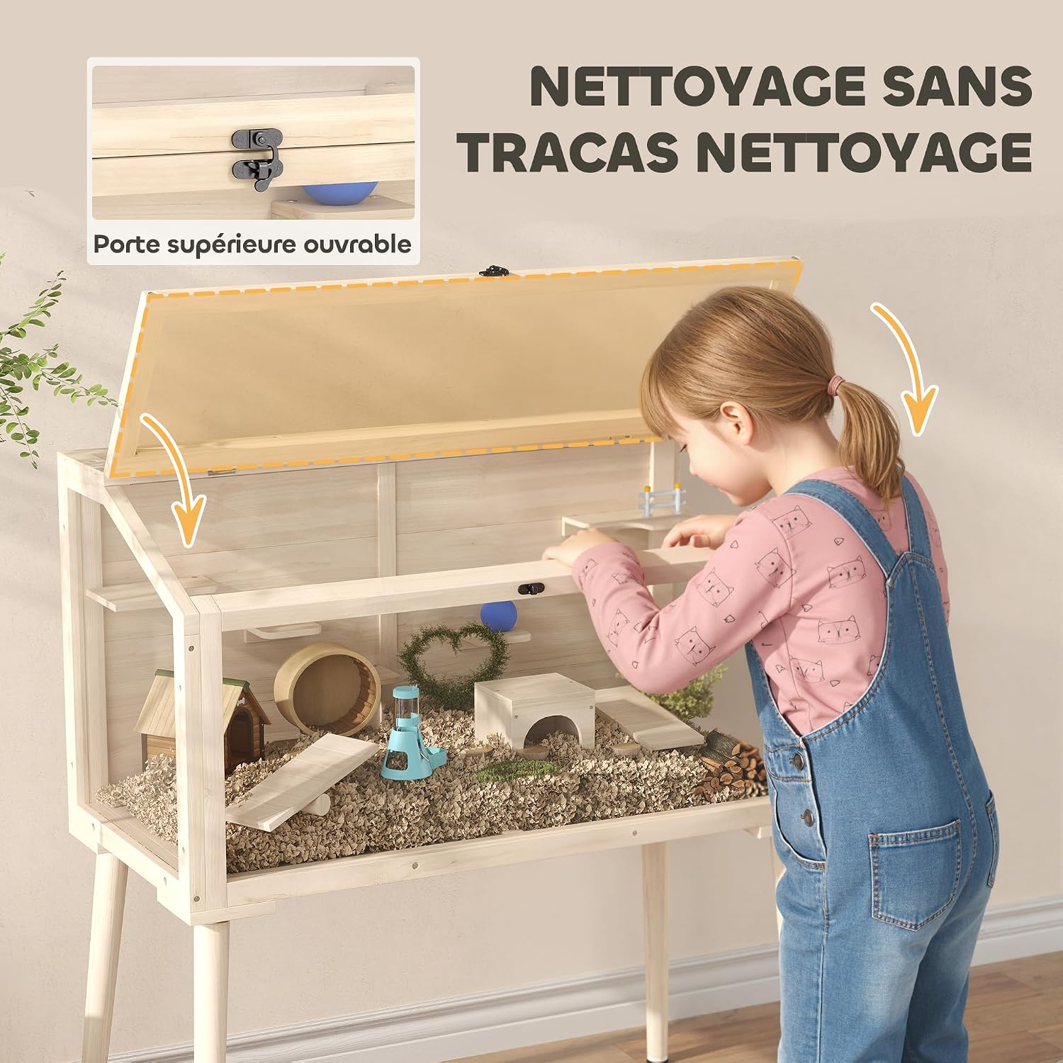 Detalle de PawHut Cage Hamster en bois FSC avec toit ouvrable, 7 plateformes, 2 balançoires et bouteille d’eau (110 x 52 x 101 cm)
