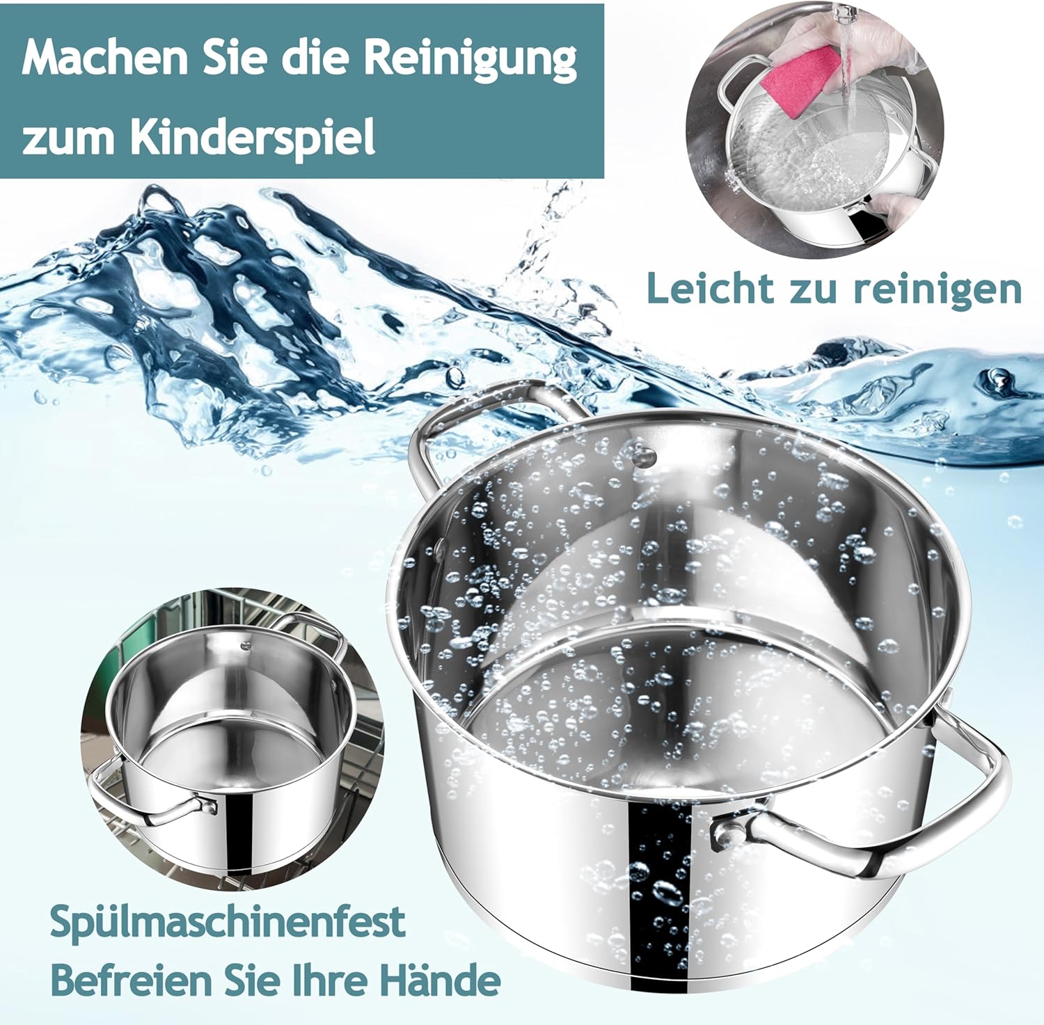 Detalle de HaWare Kochtopf 24 cm aus Edelstahl – induktionsgeeignet, 5,7 L, Glasdeckel