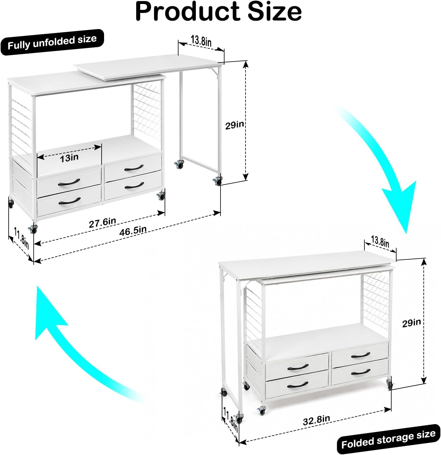 Detalle 2 de Lanlelin Standard Folding Sewing Table with Storage, 70 Pegs and 4 Drawers