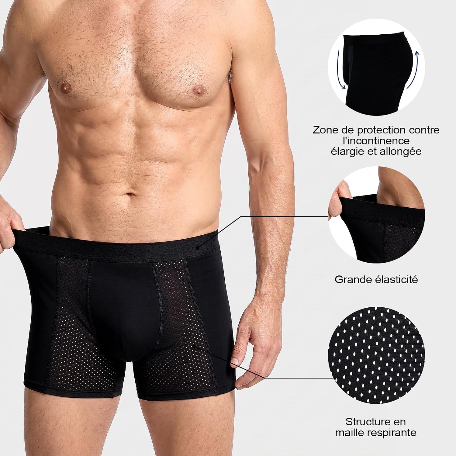 Detalle de LOFIR LON1380-M-P-BK3P-2XL incontinentieboxershorts, wasbaar, 200 ml, 3 stuks