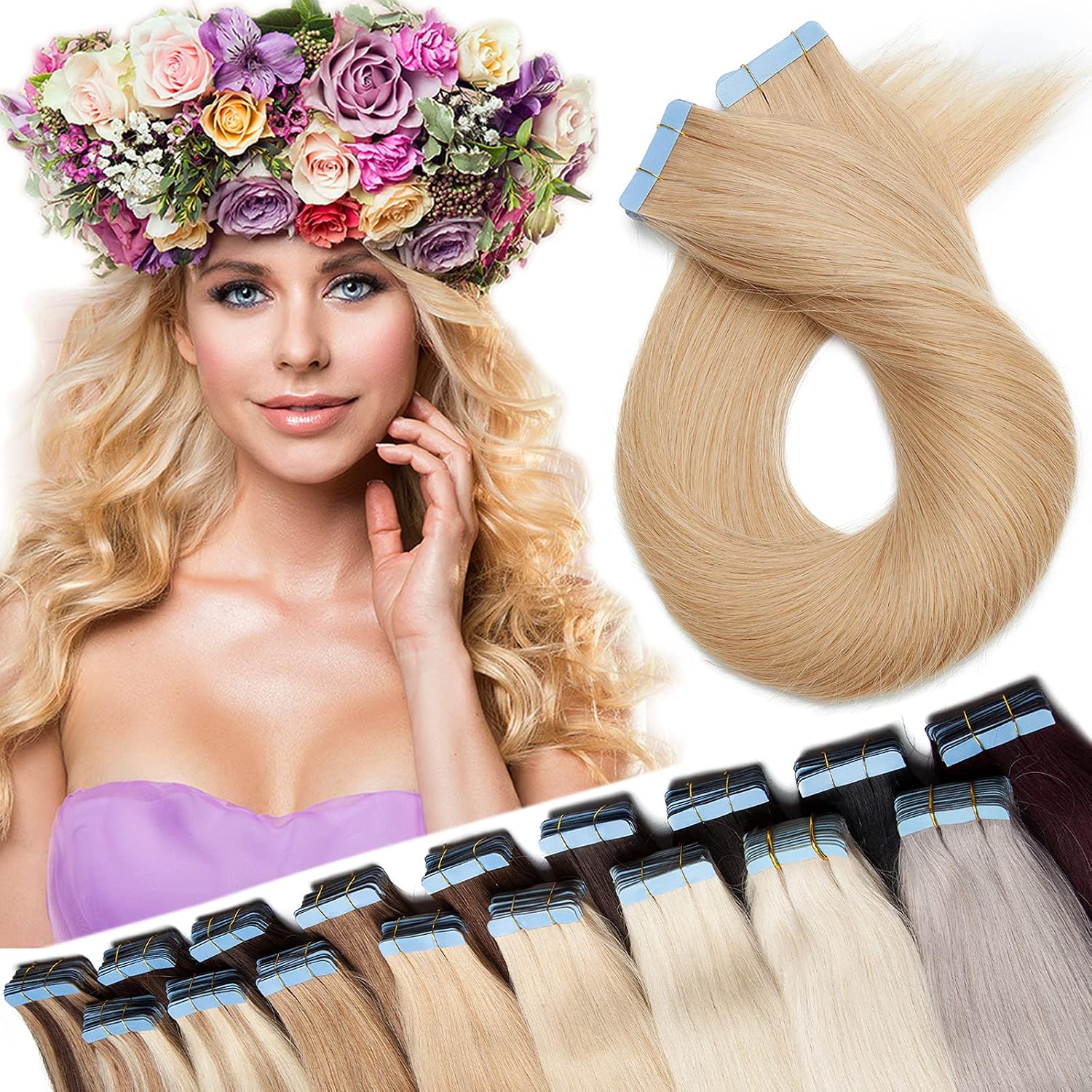 SEGO Extension Adesive Capelli Veri Biadesivo Tape Extensions 40 fasce/Set 100% Remy Hair (45 cm, 24 Biondo Naturale) senza clip
