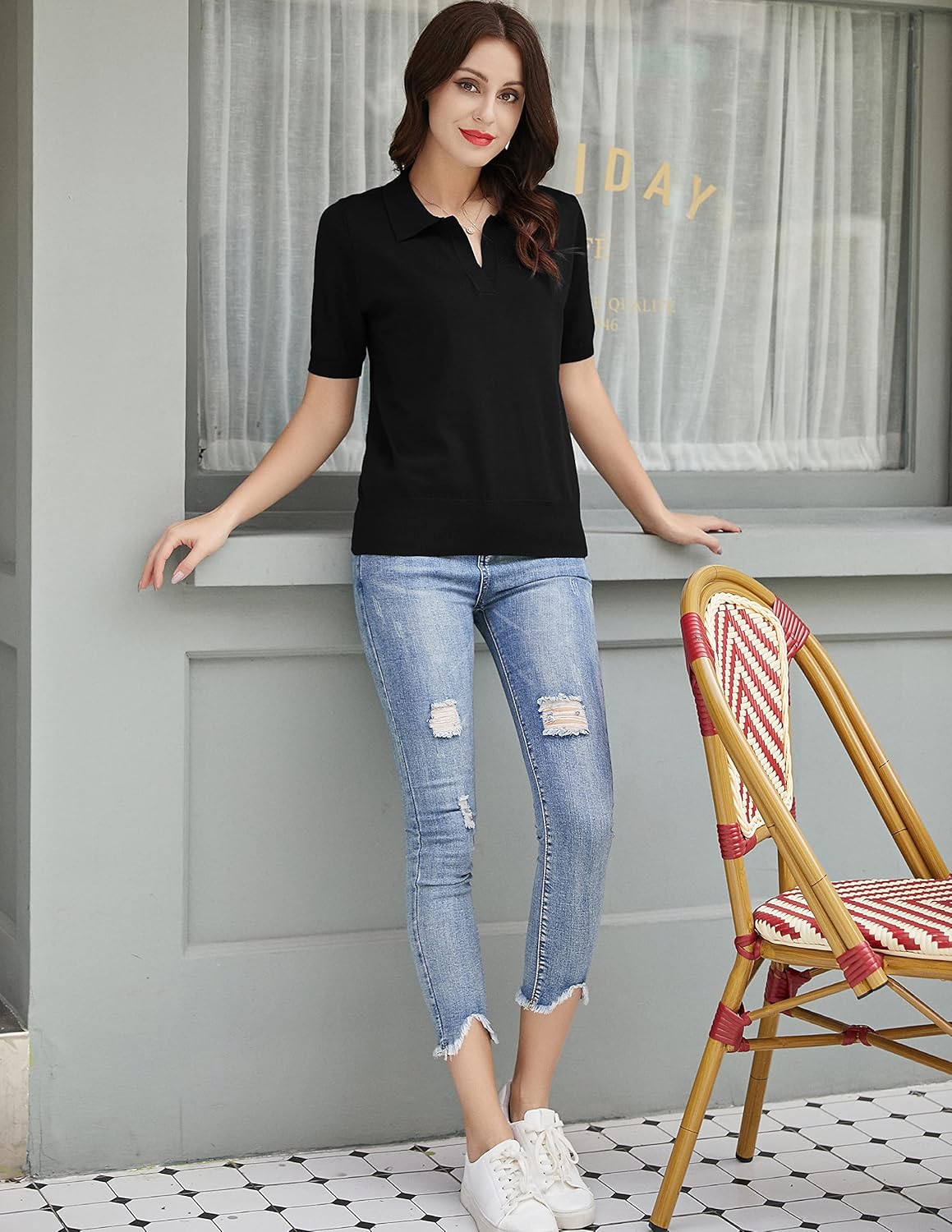 Thumbnail 4 de Kate Kasin Women’s Short Sleeve Polo Sweater (V-Neck Ribbed Knit Pullover)