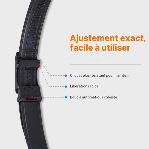 Detalle de VATAN Ceinture Homme Réglable à Cliquet en Cuir – Classique, Noir, 115 cm (34-38')