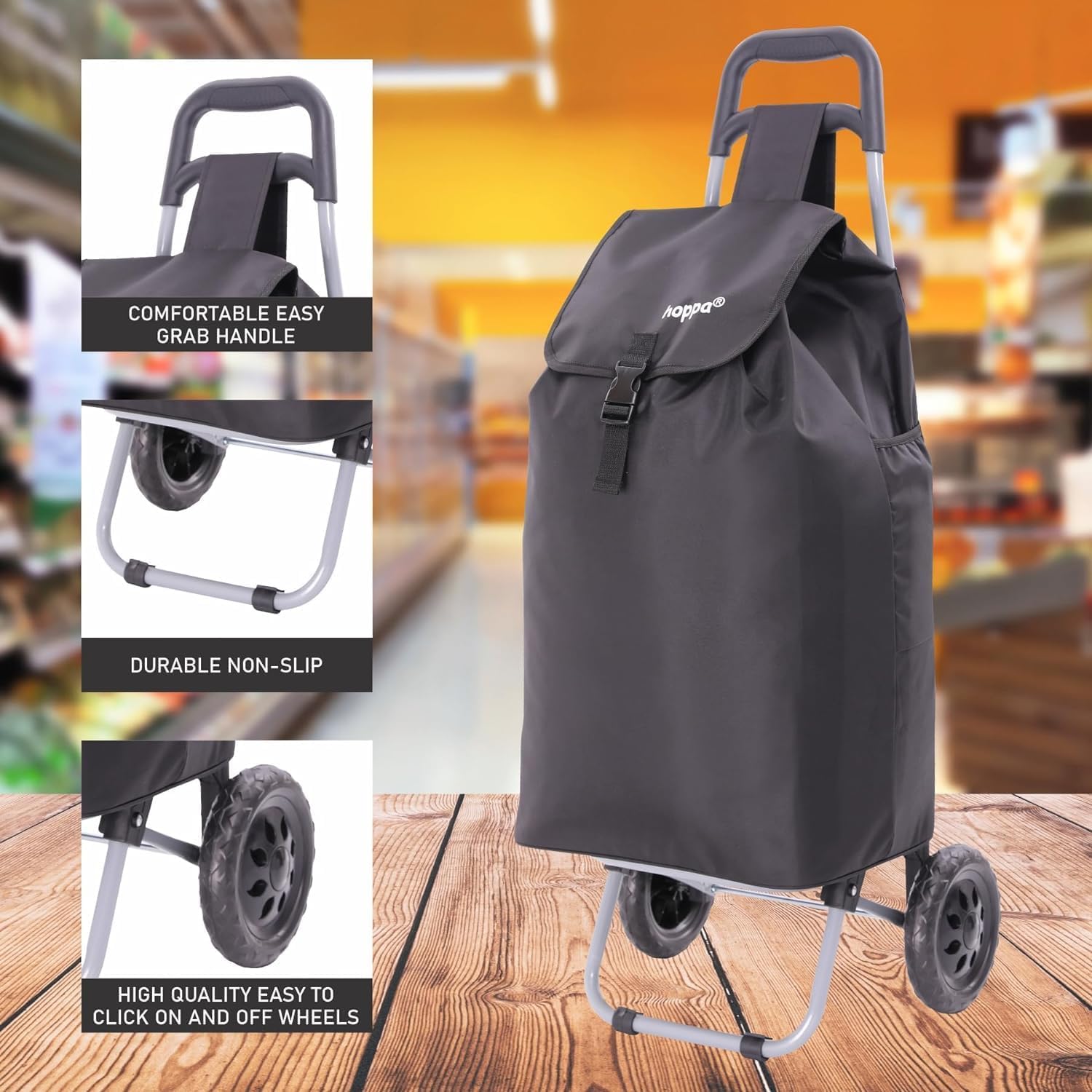 Thumbnail 4 de Hoppa Shopping Trolley on Wheels (57L) Foldable 2 Wheel Grocery Cart with Secure Lid
