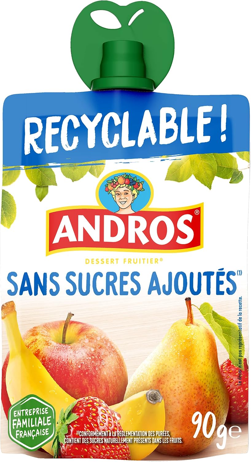 Thumbnail 4 de ANDROS Compote de fruits sans sucres ajoutés en gourde recyclable (lot de 20) – Pomme + Poire + Fraise + Banane