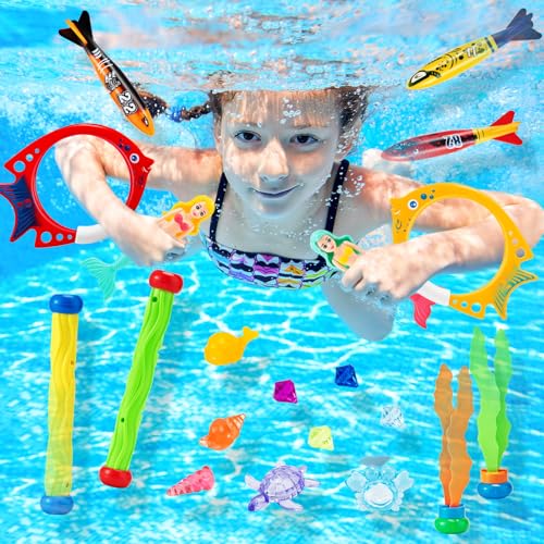 Detalle de Mactoou Juguetes de Buceo para Piscina (24 piezas) – Juego infantil para nadar y bucear con bolsa de transporte