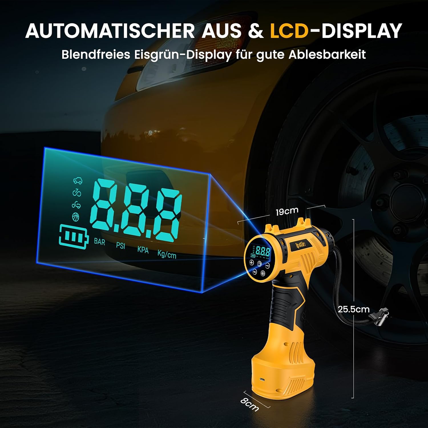 Detalle 2 de Akku-Luftpumpe für Auto & Fahrrad: Elektrische Auto Luftpumpe mit 150 PSI, 22 l/min und LED-Anzeige