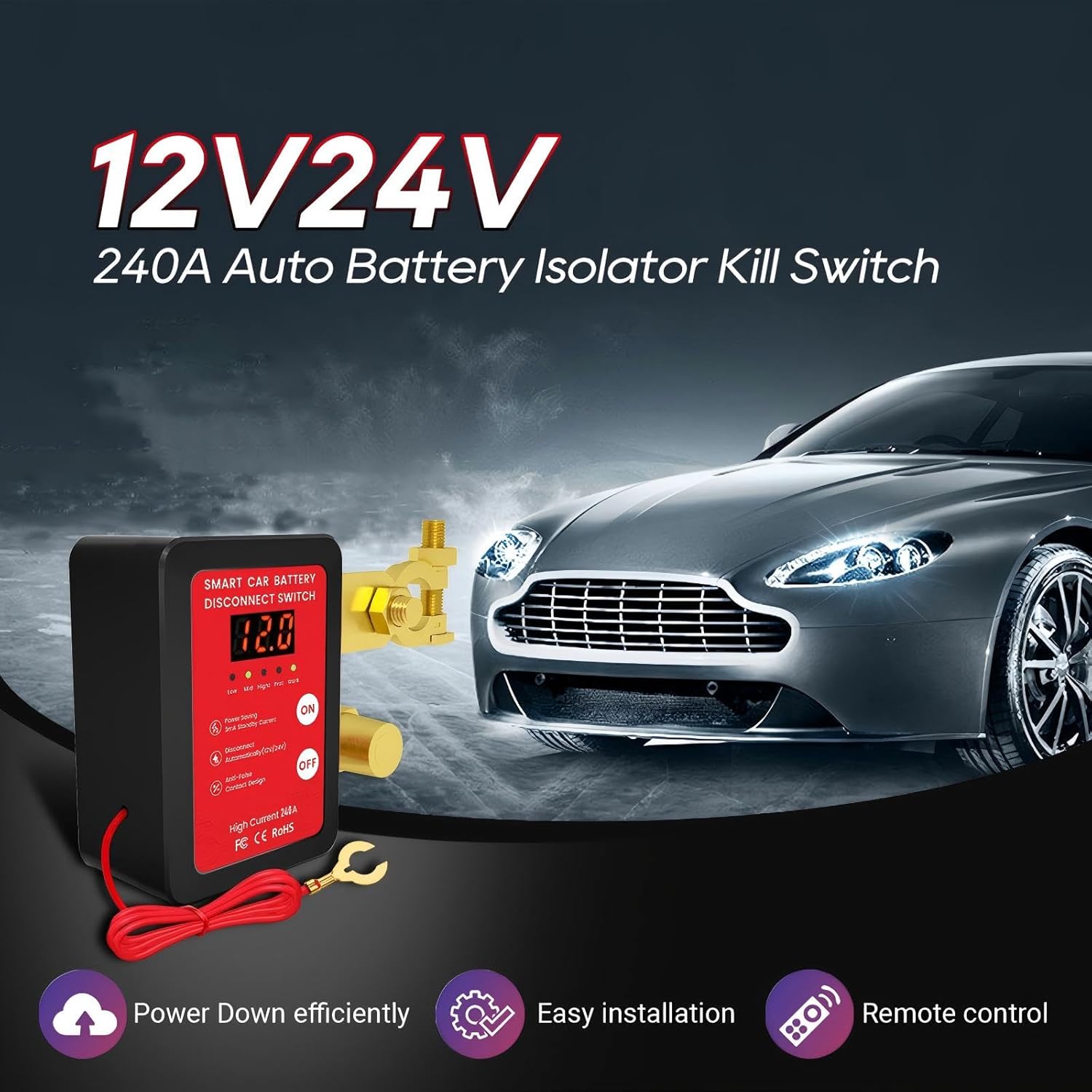 Detalle 2 de Anosuwa Stacca Batteria Auto 12V 240A: interruttore staccabatteria con display LED e telecomando per veicoli e camper