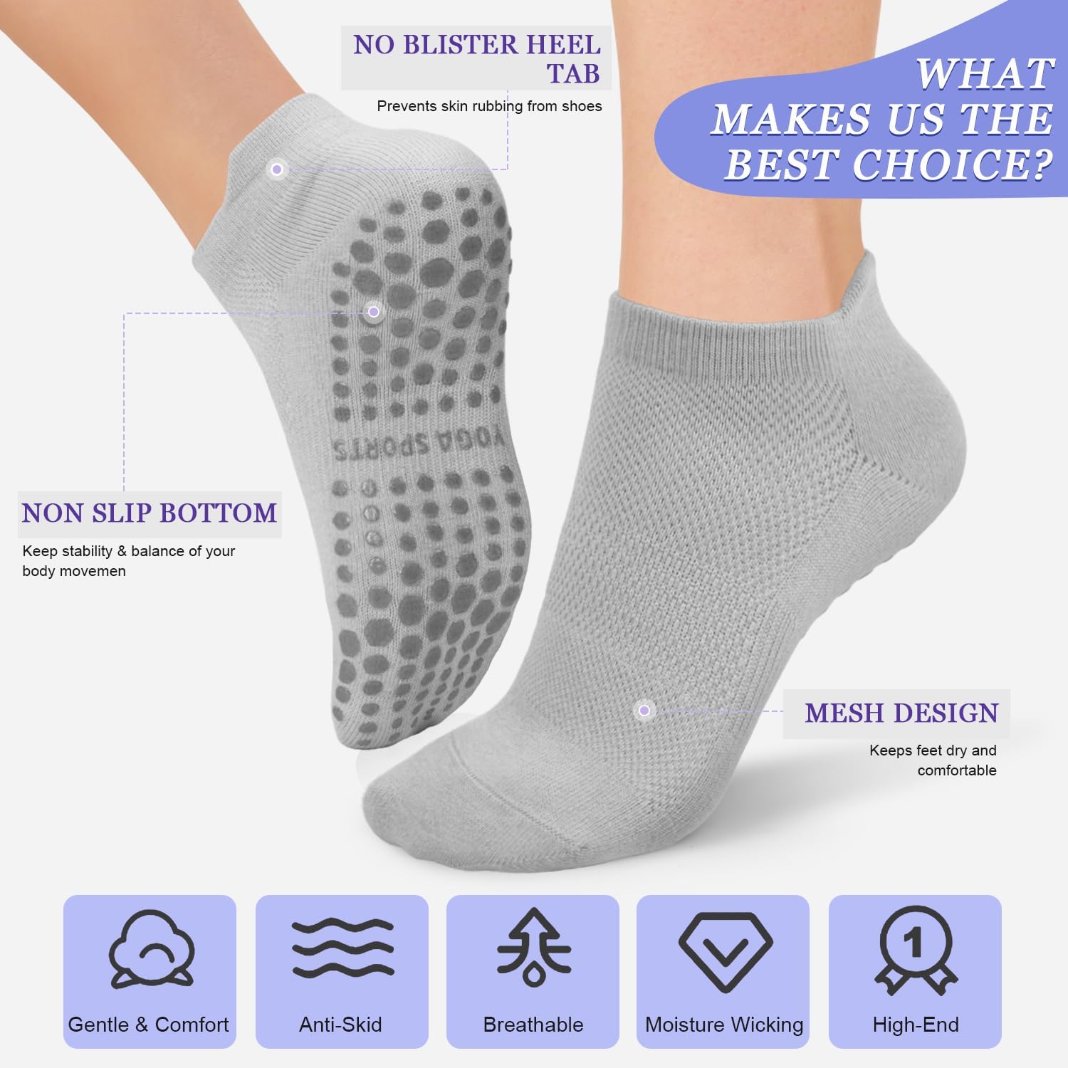 Detalle 2 de YeuG Pilates Socks 4 Pairs non-slip grip