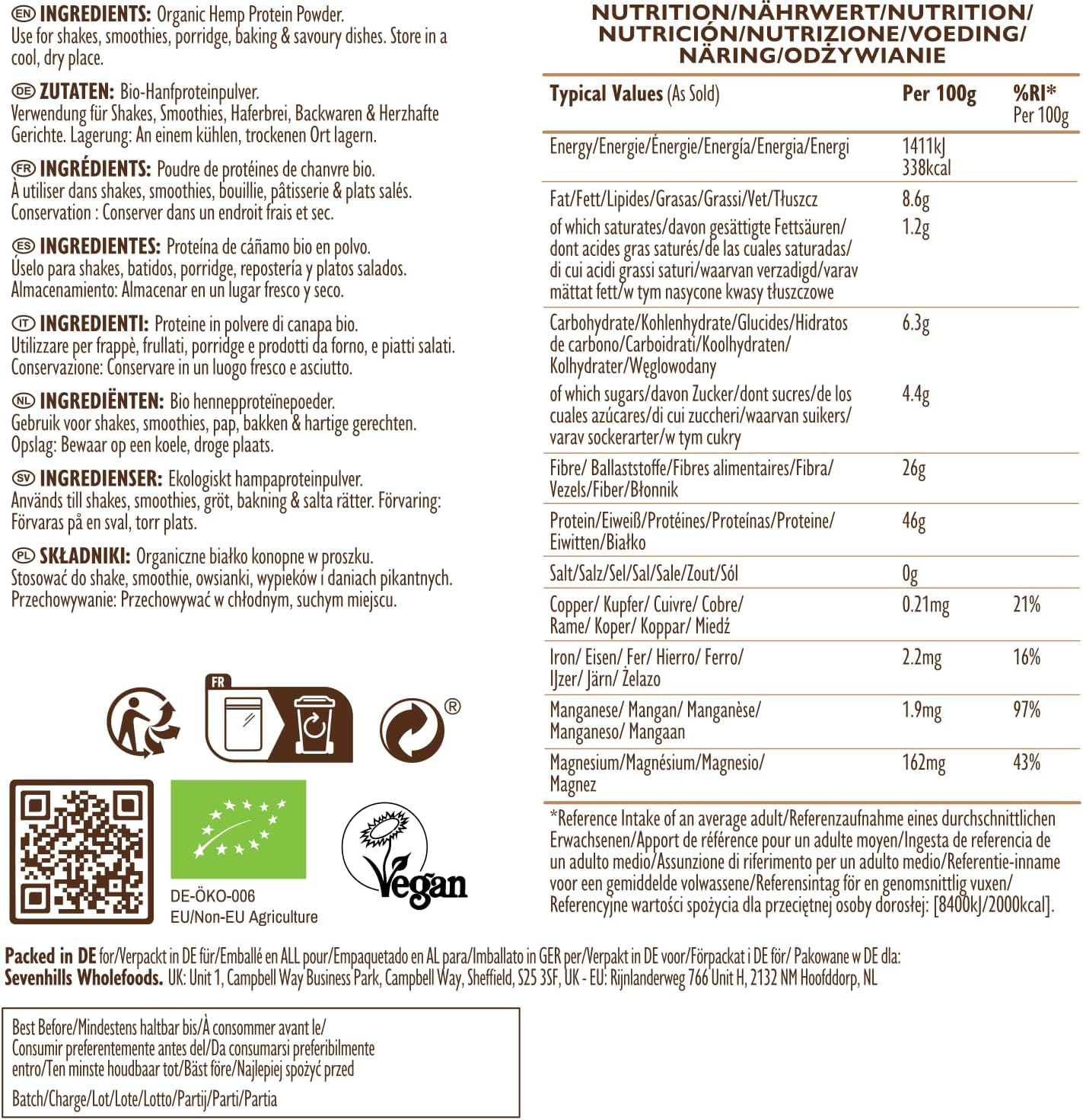 Detalle de Bio Hanfproteinpulver 1kg, Roh – vegan, biologisch zertifiziert, in Europa angebaut