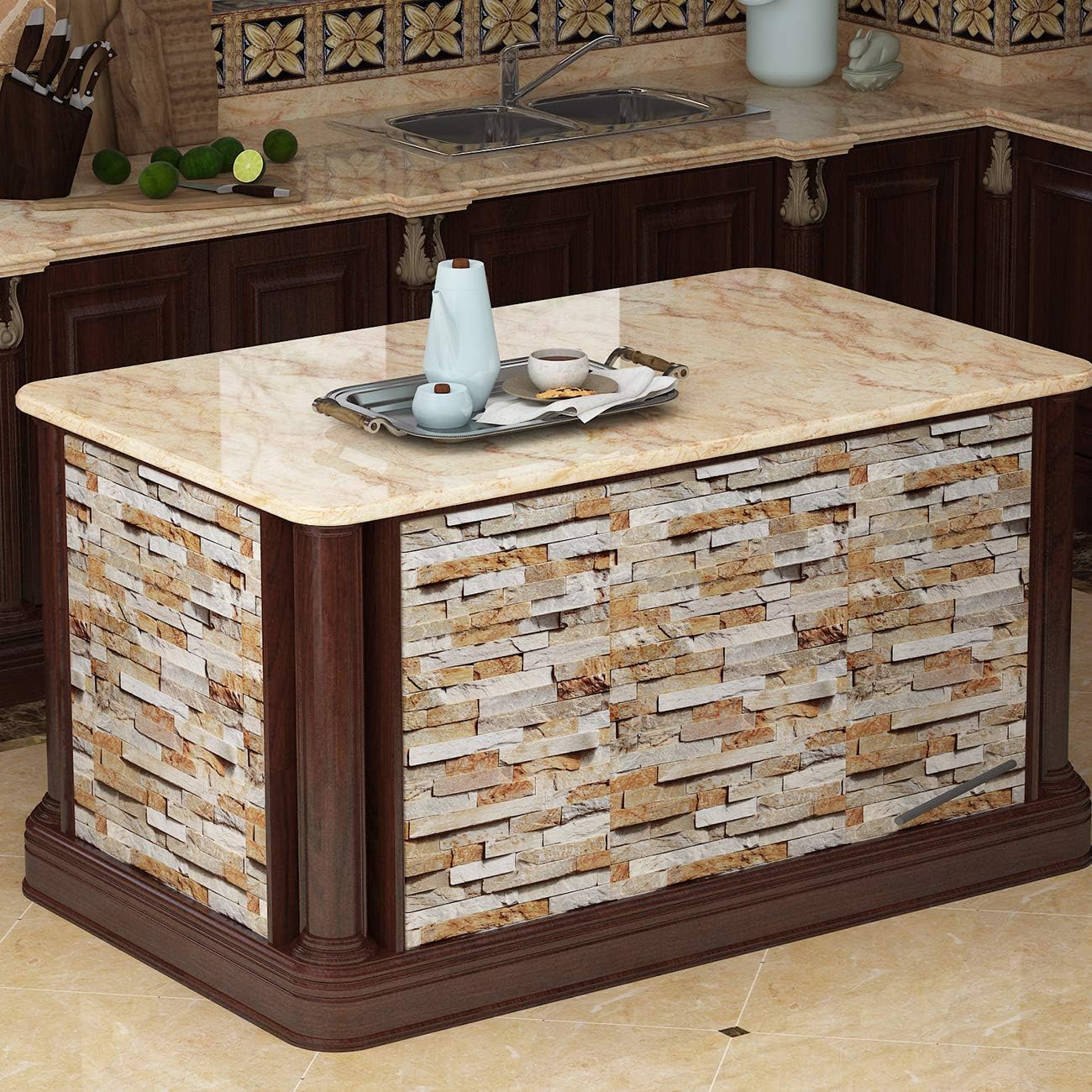 Detalle 2 de Livelynine 40 cm x 10 m 3D selbstklebende Tapete im Steinoptik-Design (beige) für Wand & Spritzschutz