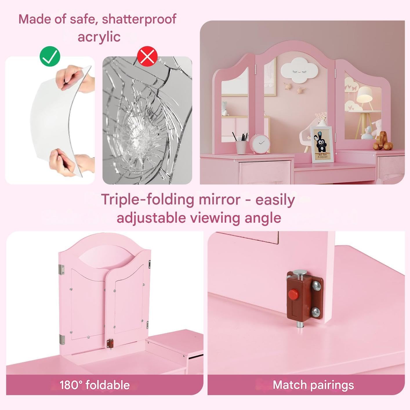 Detalle de Clevich Kids Vanity Table and Chair Set 2-in-1 | Pink, with Removable Mirror & Stool