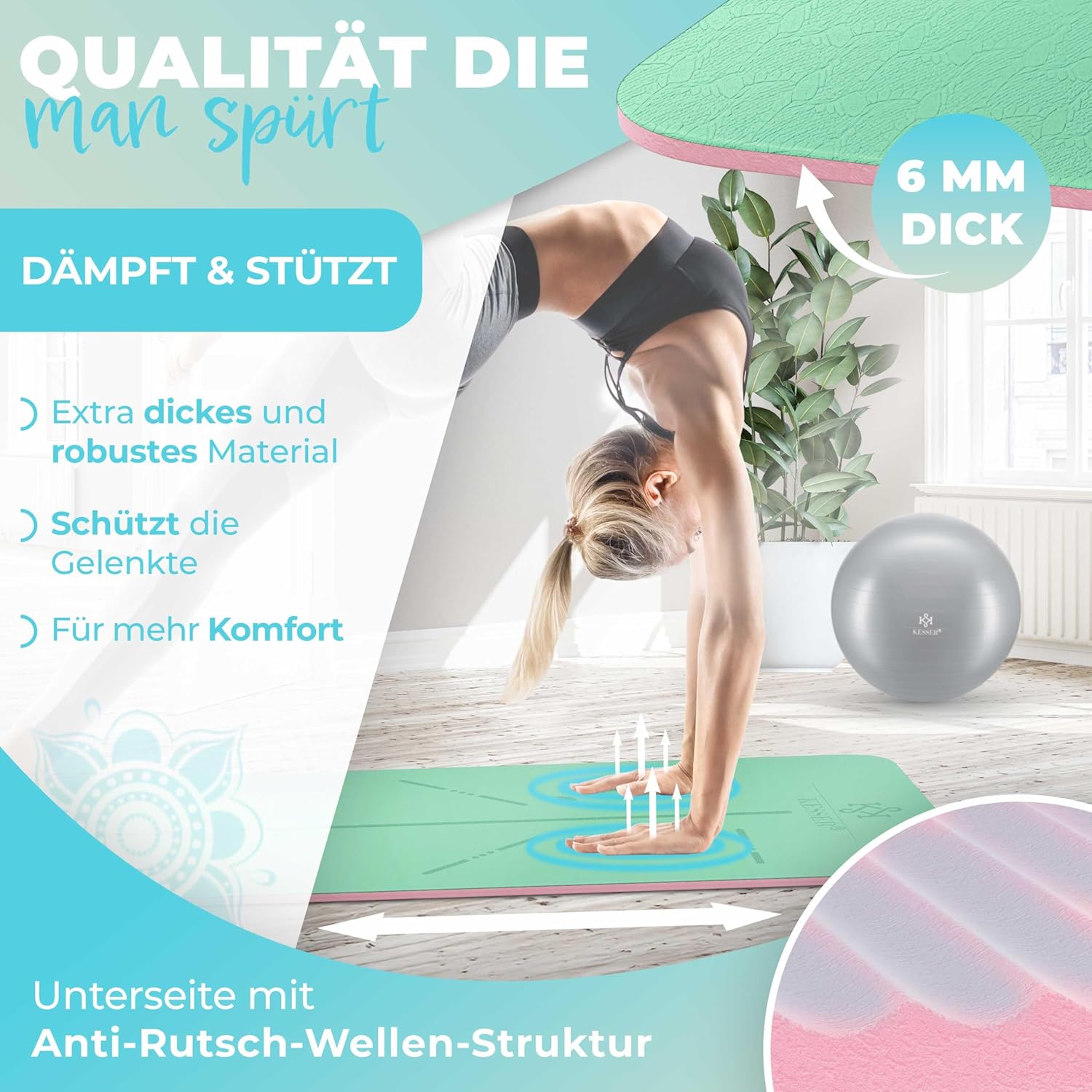 Thumbnail 3 de KESSER Gymnastikmatte mit Tragegurt – rutschfeste TPE Yogamatte 183 x 61 cm für Yoga, Pilates & Fitness