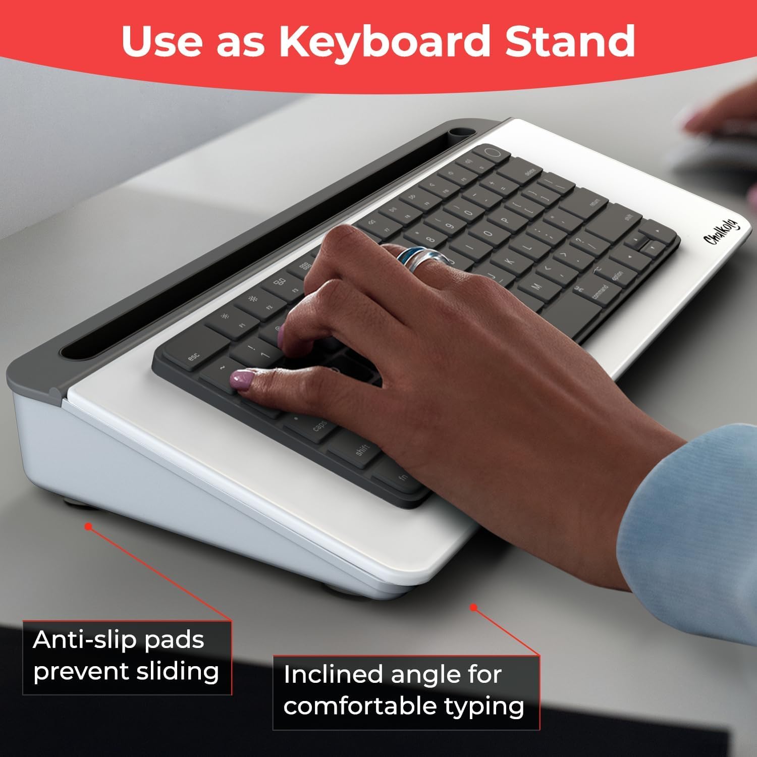 Detalle 2 de Chalkola Glass Desktop Whiteboard with Storage (Dry Erase) — Desk organiser + keyboard stand with 3 markers