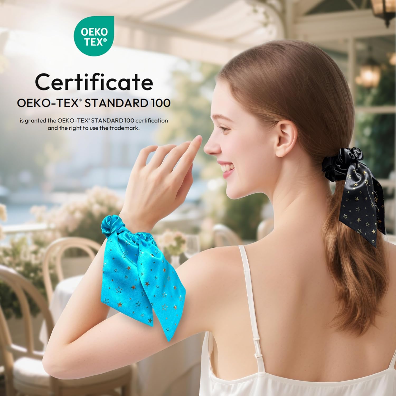 Thumbnail 1 de townssilk Silk Scrunchie Set of 2 with Bow, 100% Mulberry Silk, Black + Blue