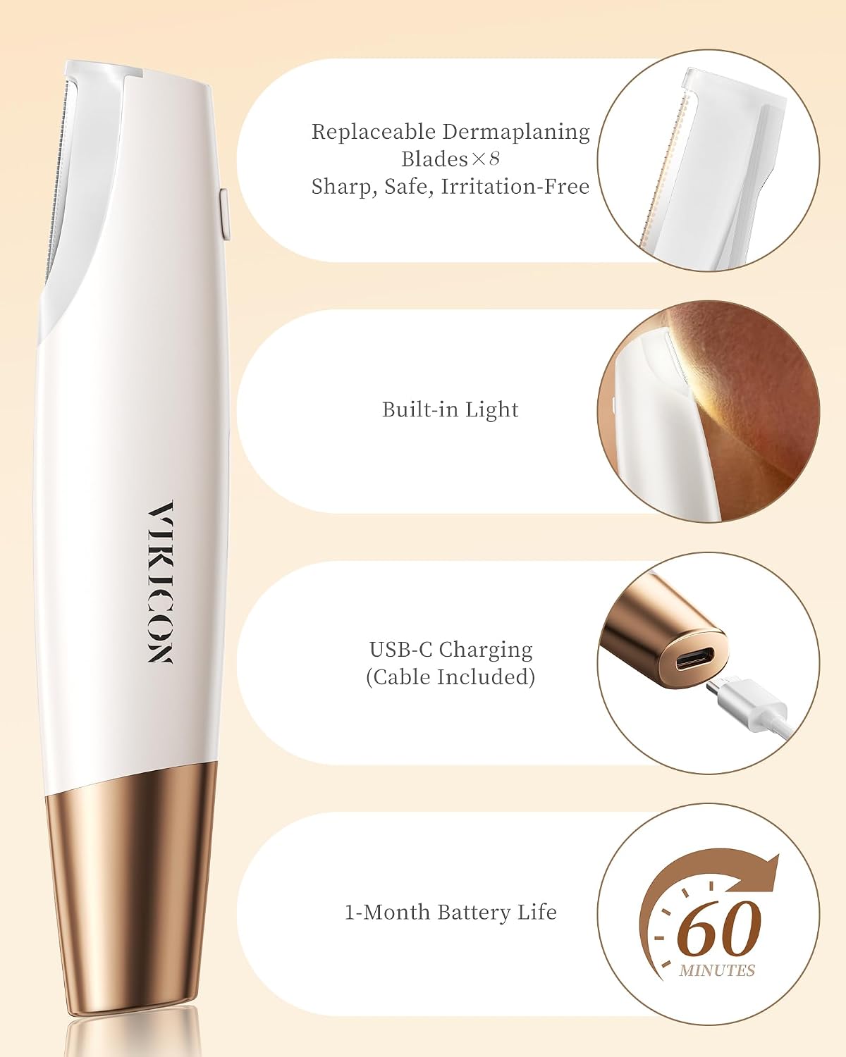 Detalle 2 de VIKICON Groomer Sonic Dermaplaning Tool with 3 Speeds, LED Light and 8 Blades