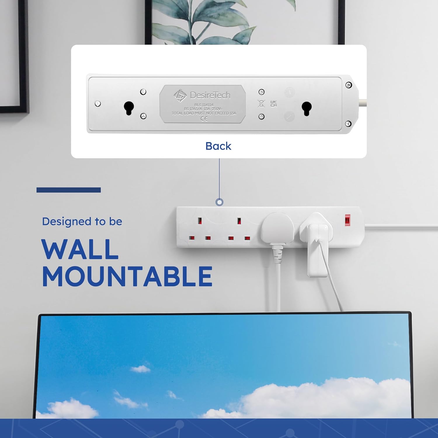 Thumbnail 4 de DESIRETECH White Electric Extension Lead 4-Gang, 5m (Wall-Mountable UK Plug, Surge Protection)