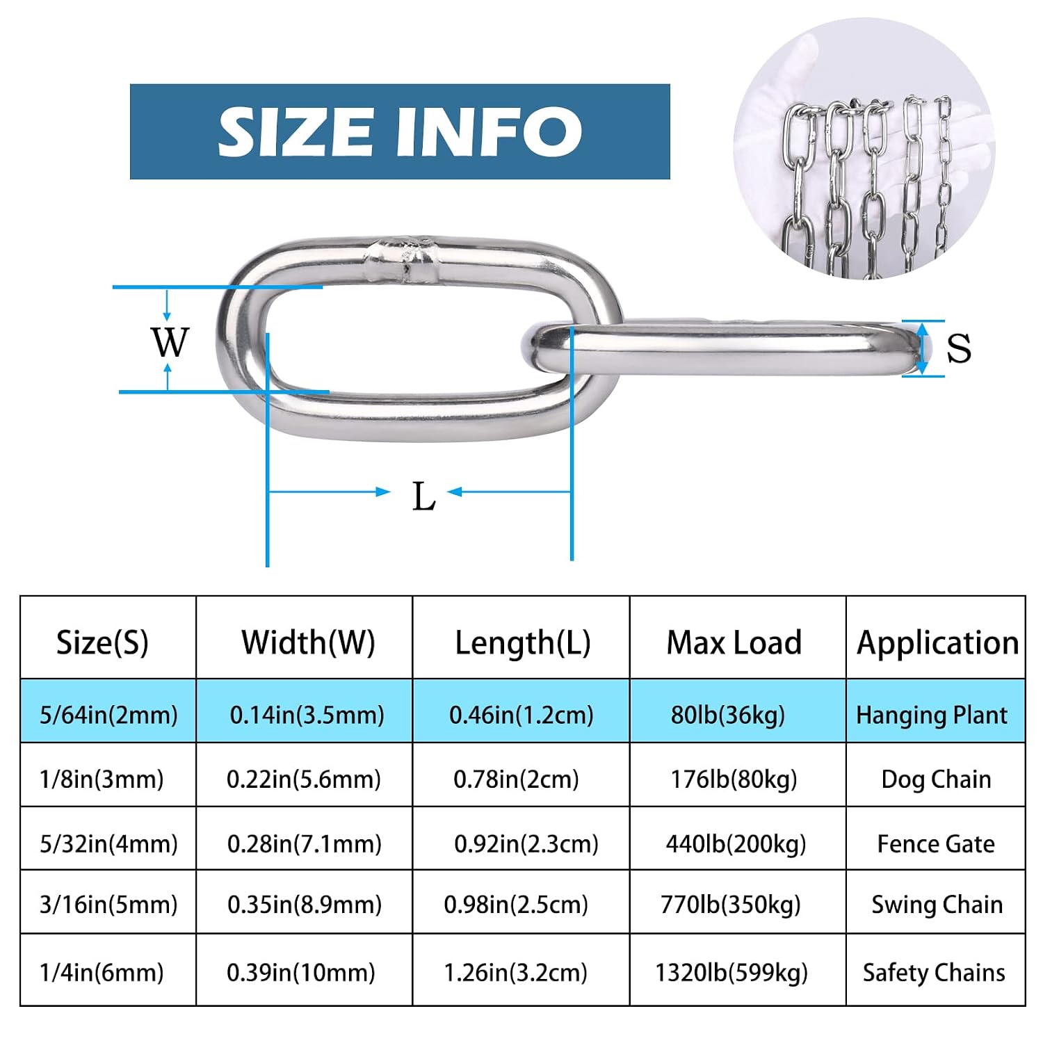 Detalle 2 de hannger 2MM2M2P Stainless Steel Chain, 5/64-Inch, 6.6 ft, 2-Pack