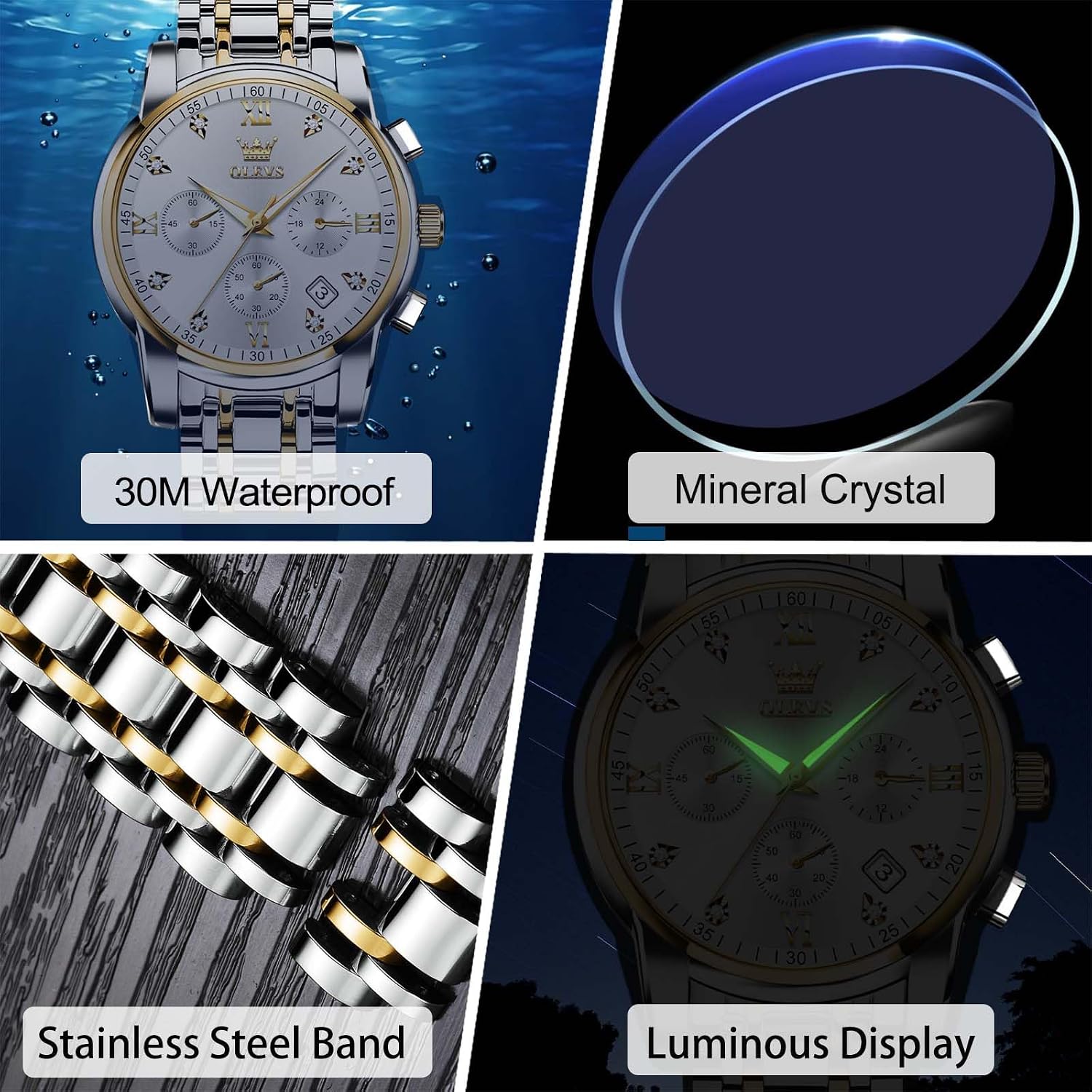 Detalle de OLEVS Men's Chronograph Watch: Gold & Silver Stainless Steel with Diamond Accents